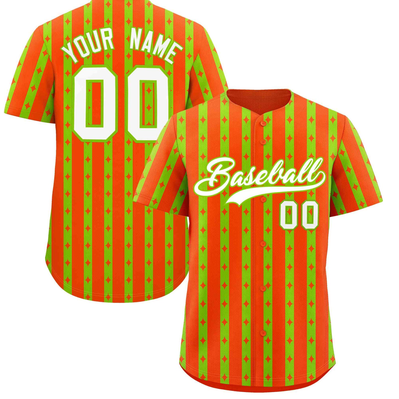 Custom Orange Neon Green Star Pattern Thick Stripes Baseball Jersey