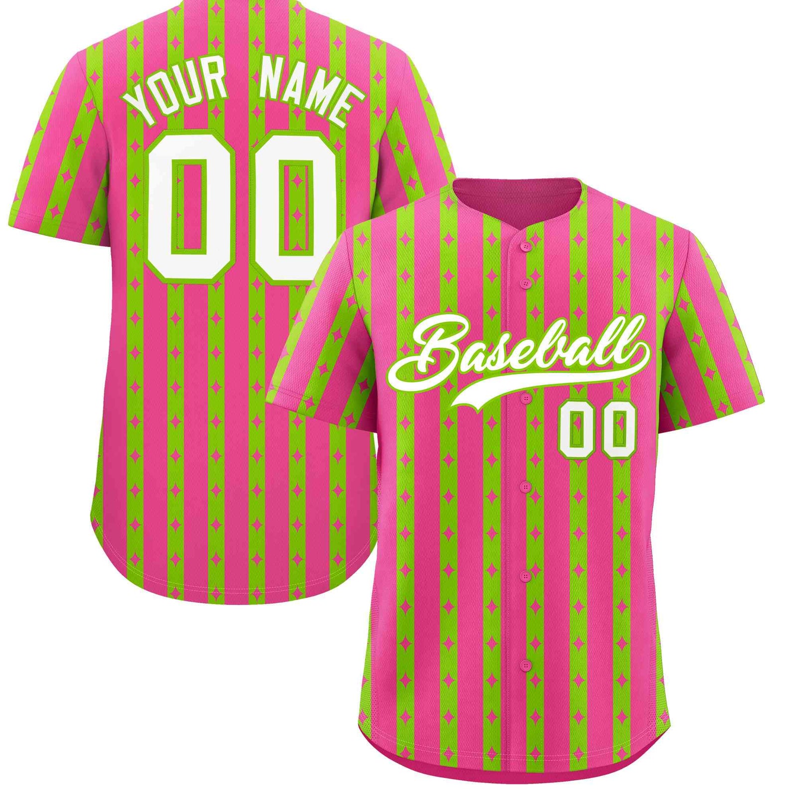 Custom Pink Neon Green Star Pattern Thick Stripes Baseball Jersey