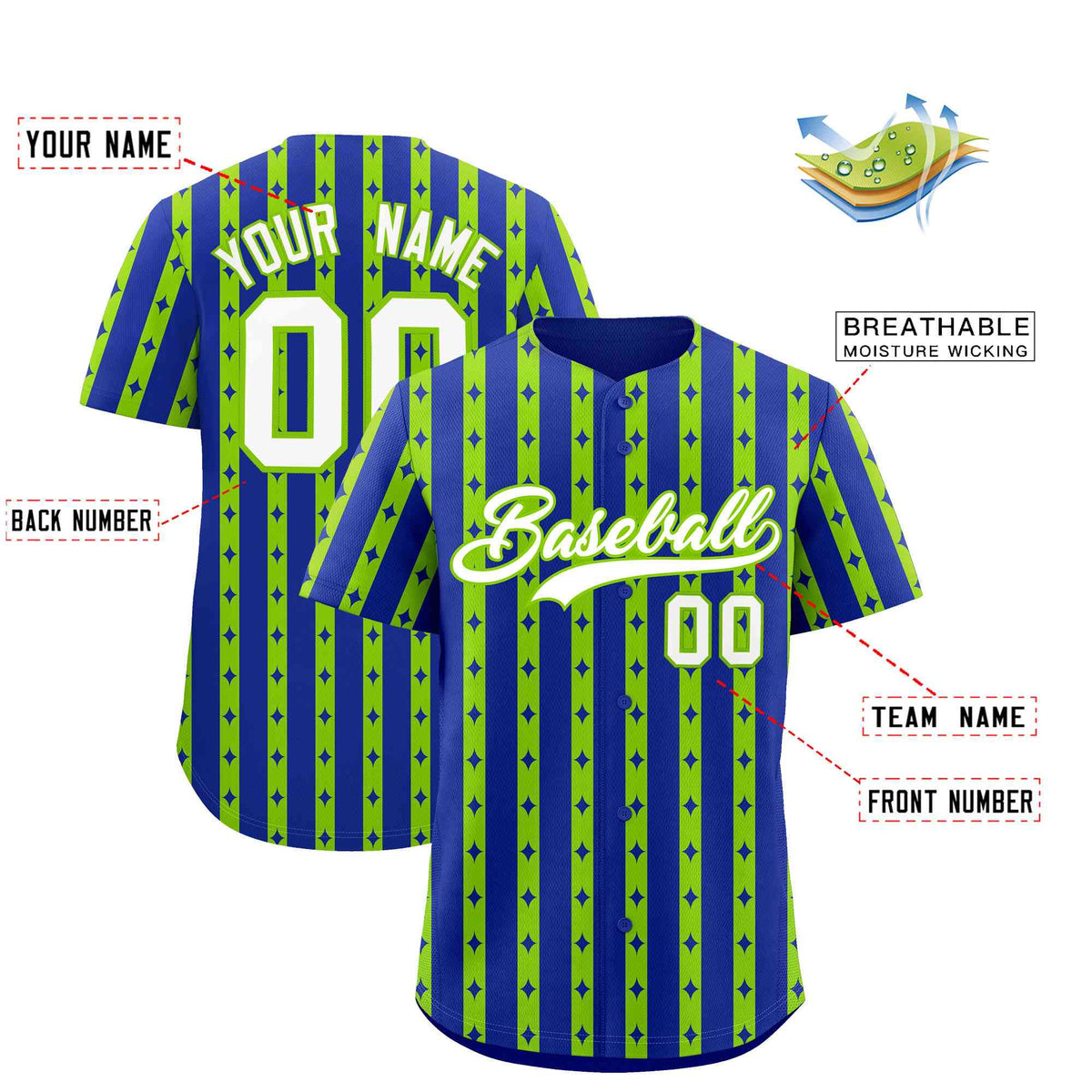 Custom Royal Blue Neon Green Star Pattern Thick Stripes Baseball Jersey