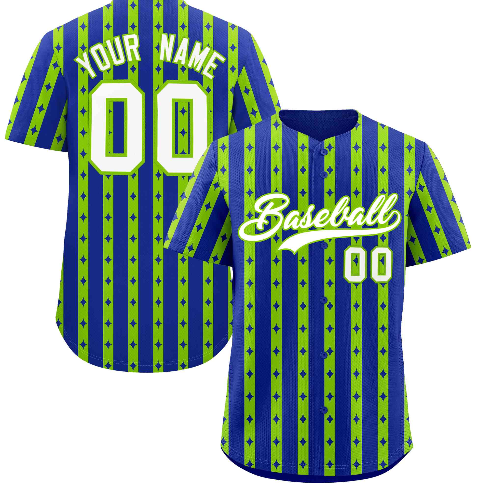 Custom Royal Blue Neon Green Star Pattern Thick Stripes Baseball Jersey