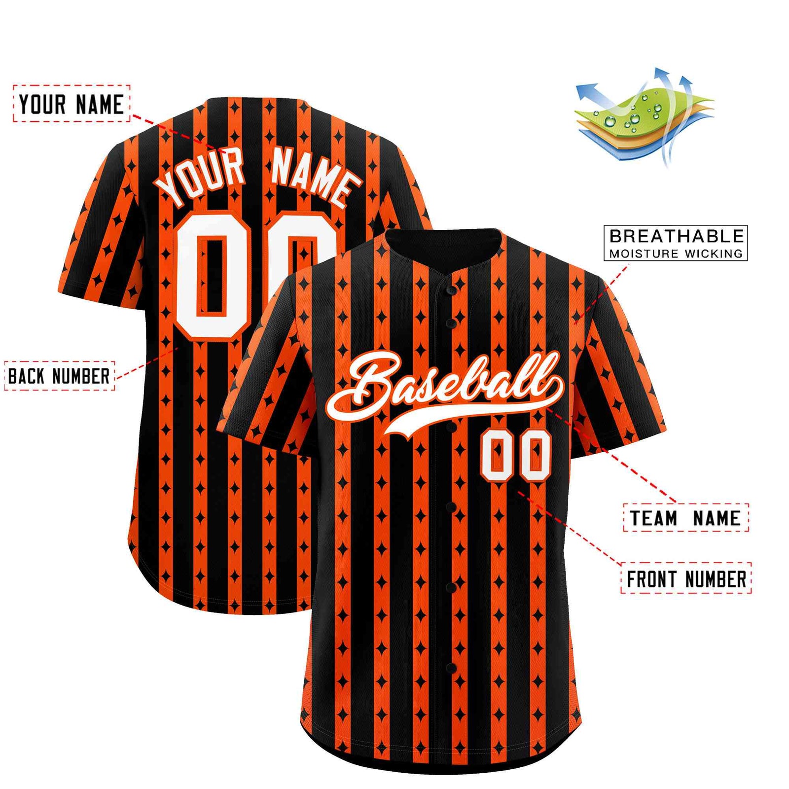 Custom Black Orange Star Pattern Thick Stripes Baseball Jersey