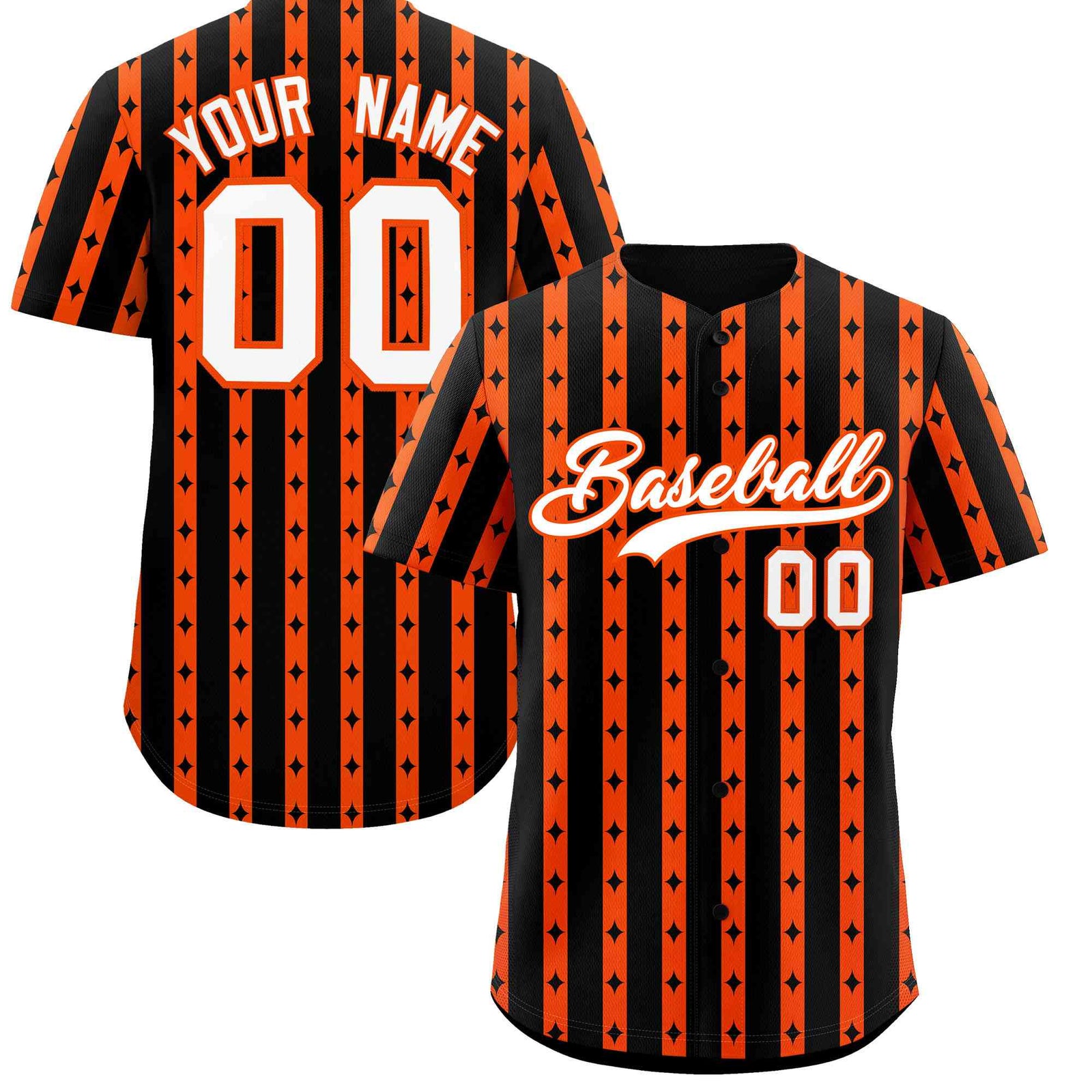 Custom Black Orange Star Pattern Thick Stripes Baseball Jersey