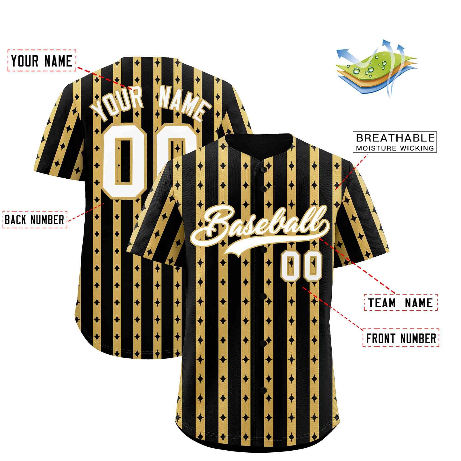 Custom Black Old Gold Star Pattern Thick Stripes Baseball Jersey