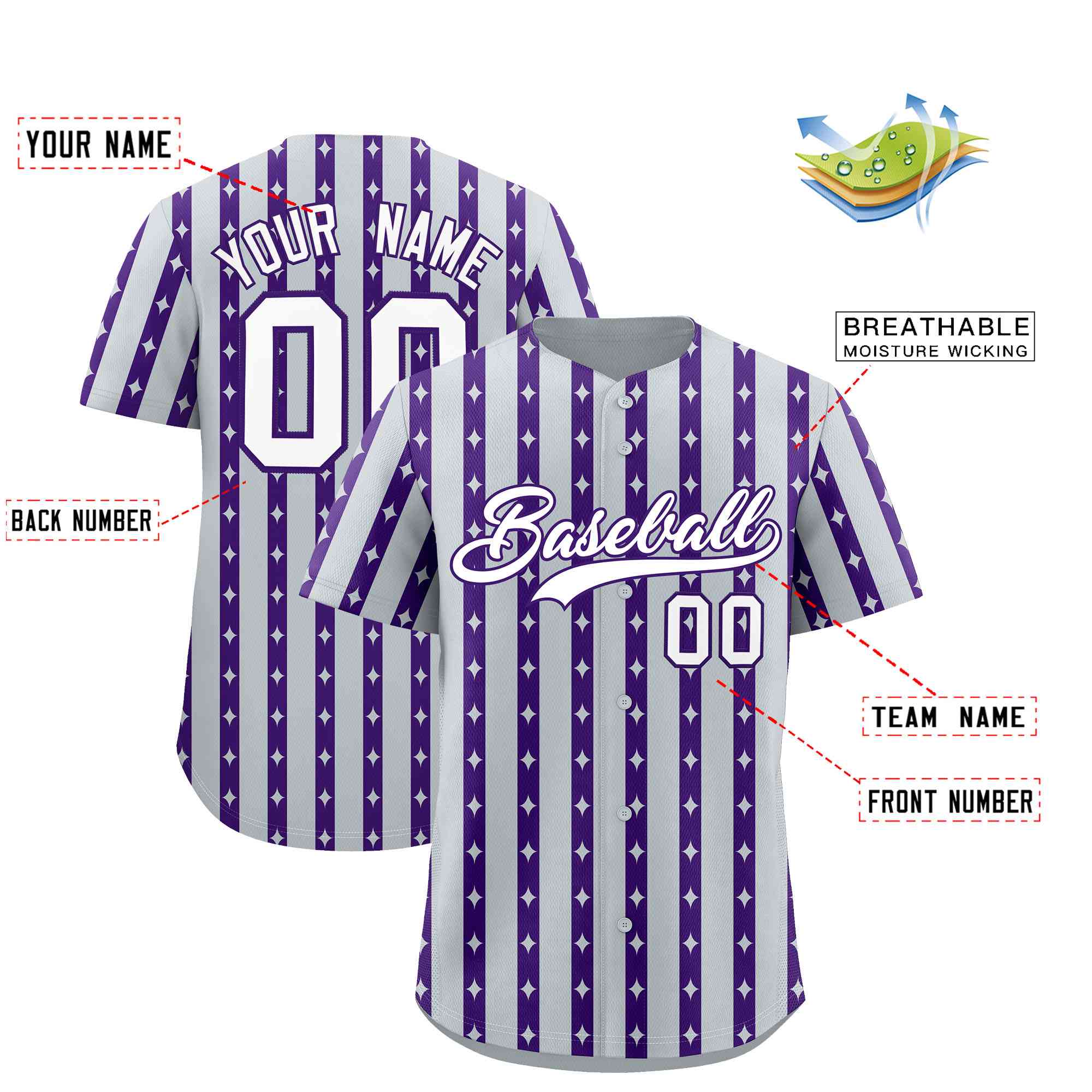Custom Silver Purple Star Pattern Thick Stripes Baseball Jersey