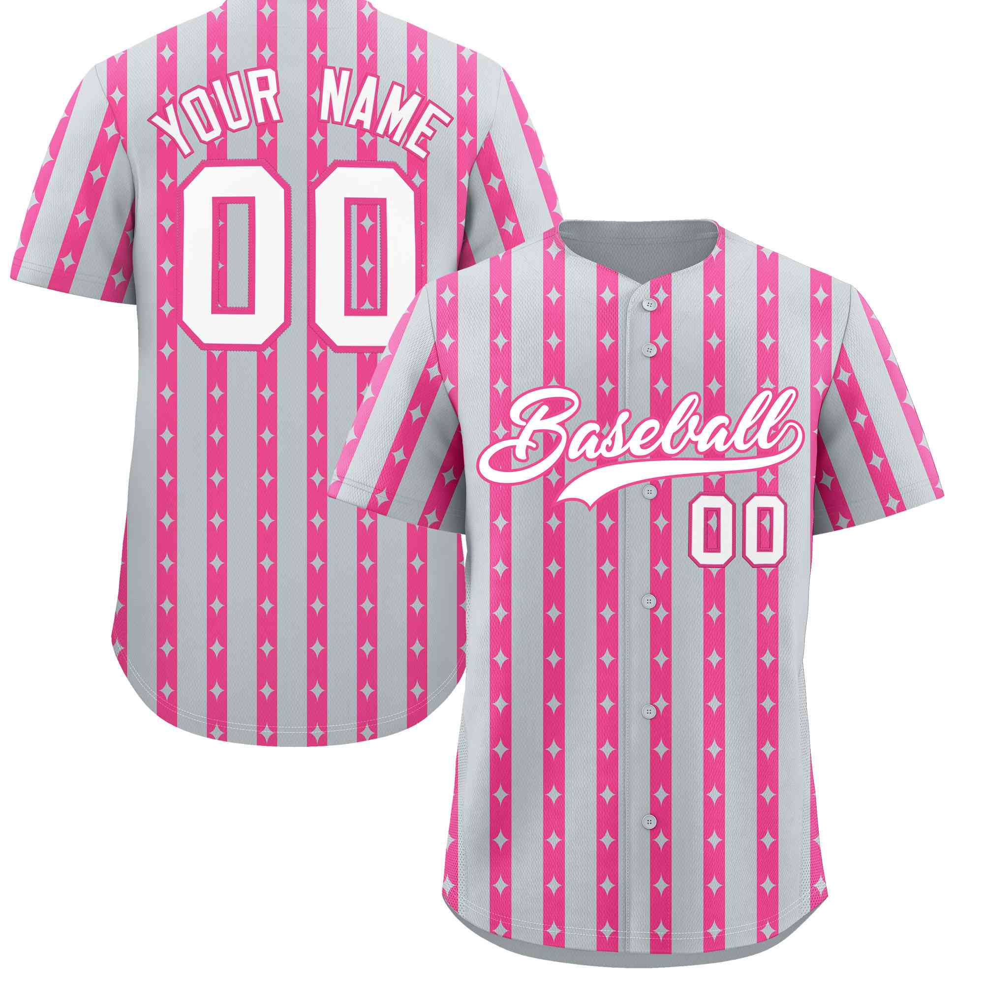 Custom Silver Pink Star Pattern Thick Stripes Baseball Jersey