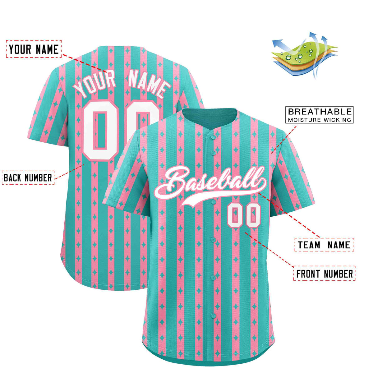 Custom Teal Light Pink Star Pattern Thick Stripes Baseball Jersey