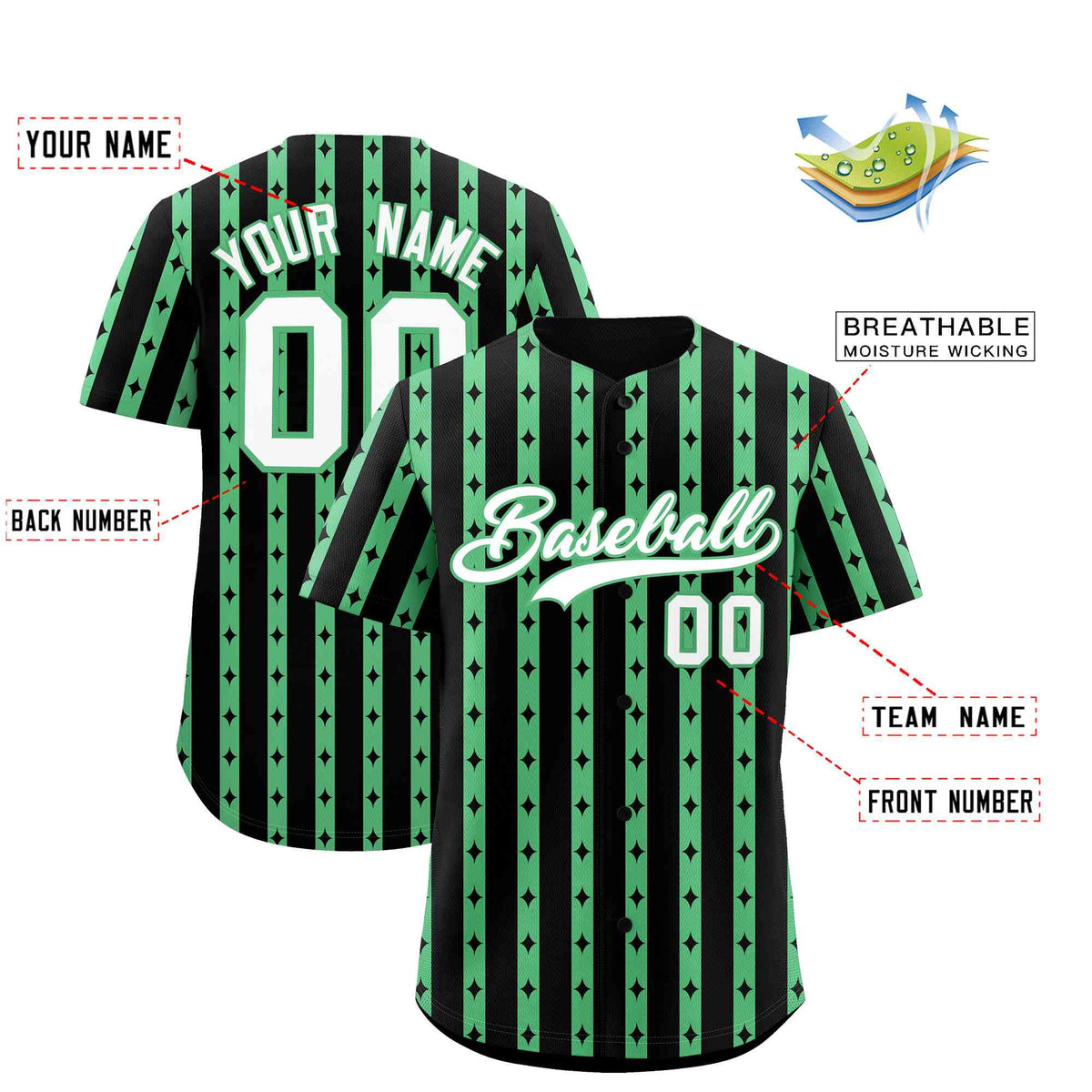 Custom Black Neon Green Star Pattern Thick Stripes Baseball Jersey