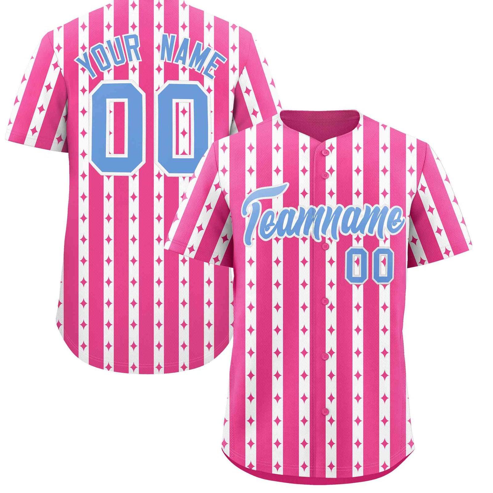 Custom Pink White Star Pattern Thick Stripes Baseball Jersey