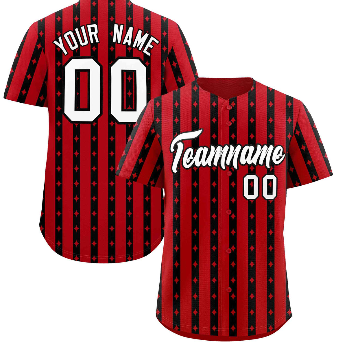 Custom Red Black Star Pattern Thick Stripes Baseball Jersey