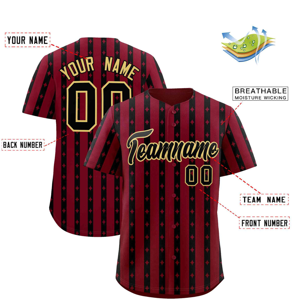 Custom Crimson Black Star Pattern Thick Stripes Baseball Jersey