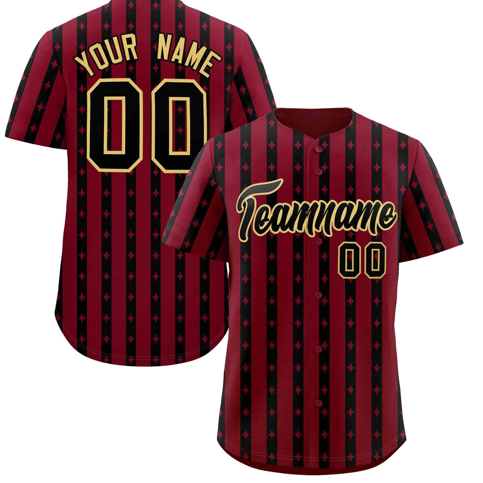 Custom Crimson Black Star Pattern Thick Stripes Baseball Jersey