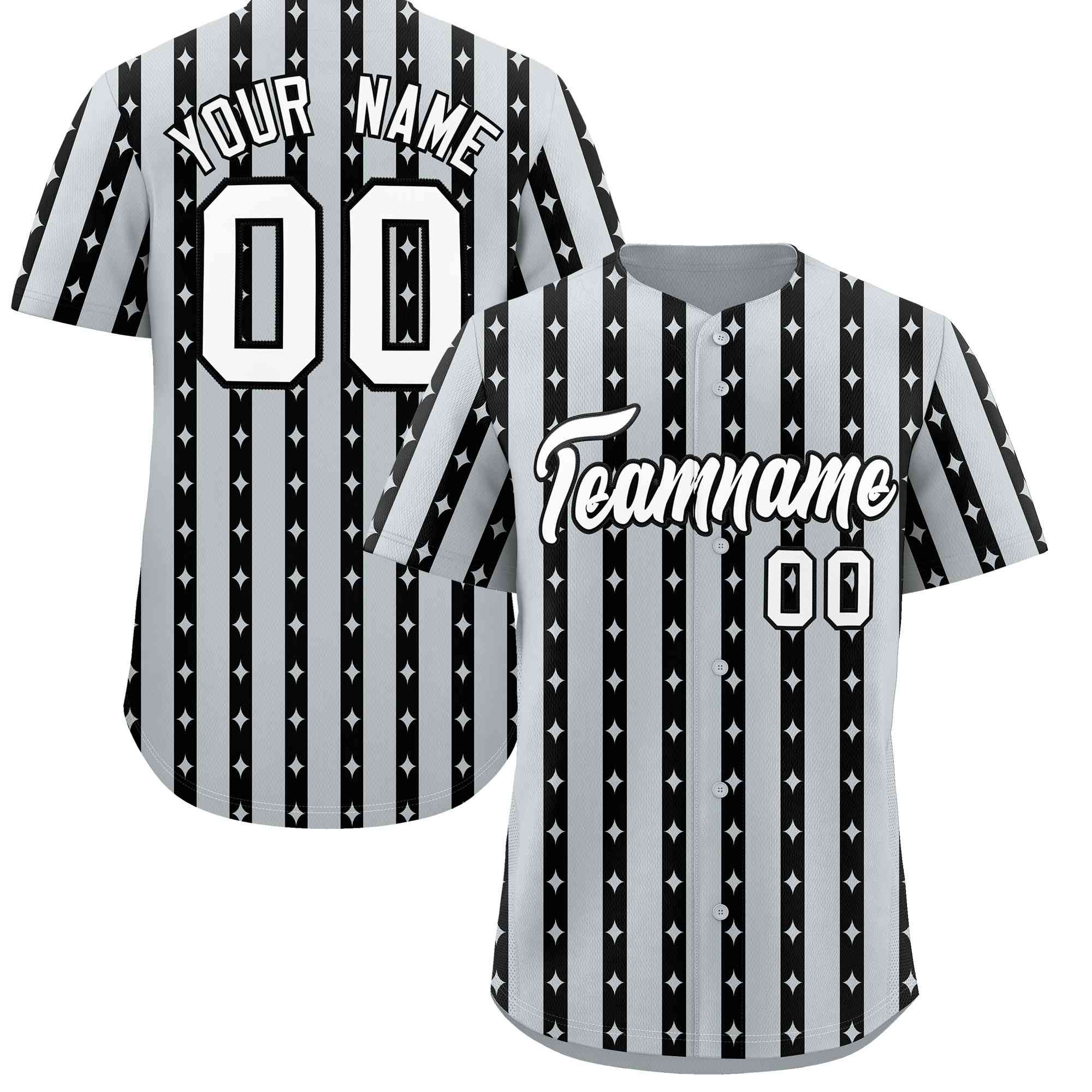Custom Silver Black Star Pattern Thick Stripes Baseball Jersey