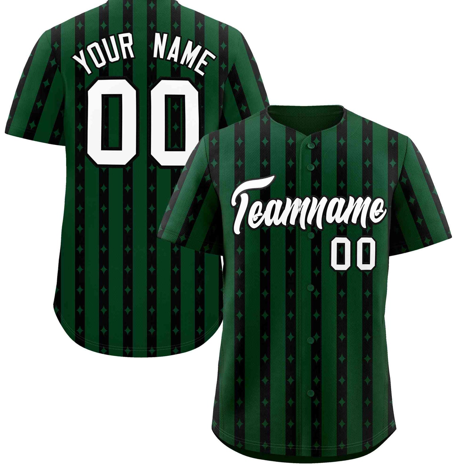 Custom Green Black Star Pattern Thick Stripes Baseball Jersey