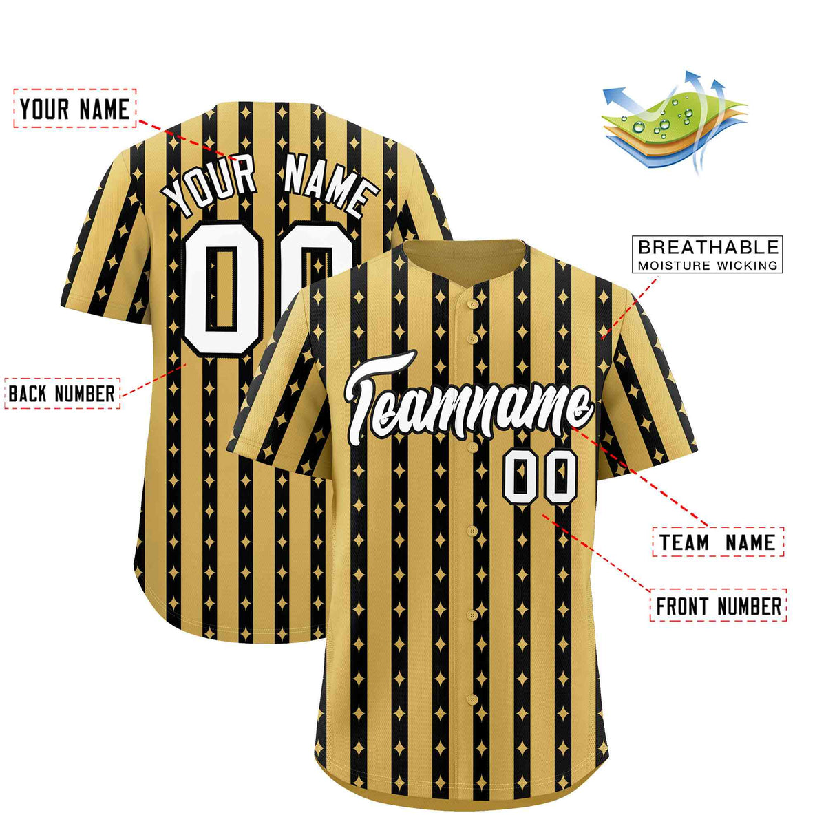 Custom Old Gold Black Star Pattern Thick Stripes Baseball Jersey