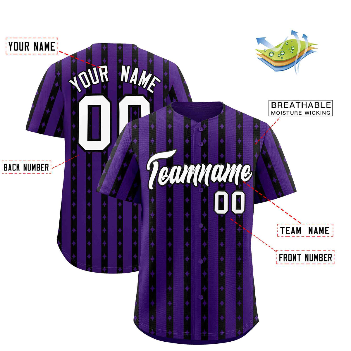 Custom Purple Black Star Pattern Thick Stripes Baseball Jersey
