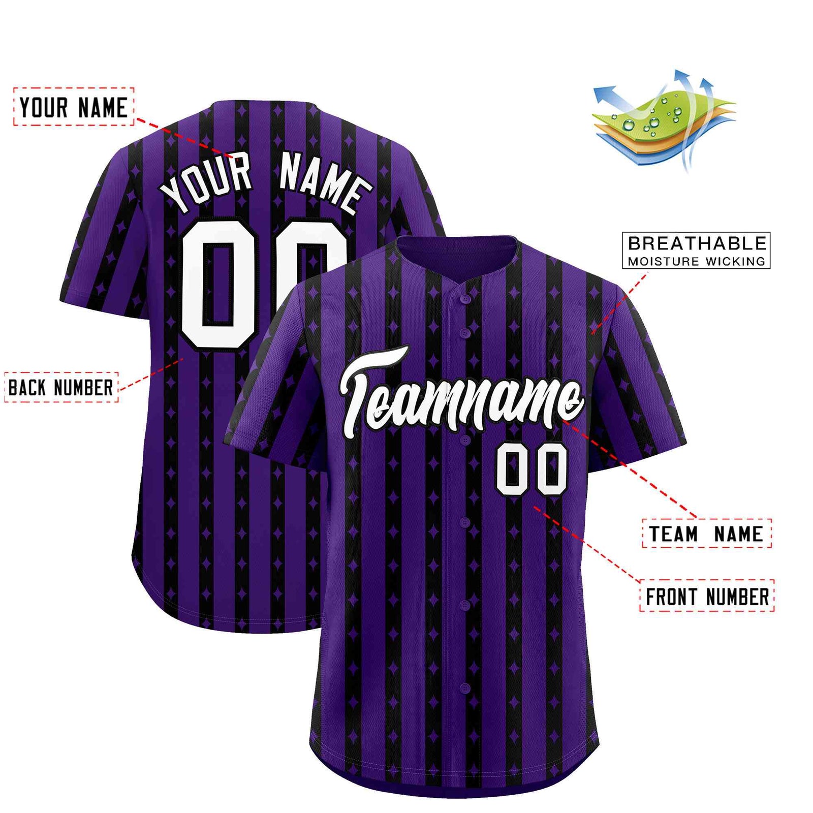 Custom Purple Black Star Pattern Thick Stripes Baseball Jersey