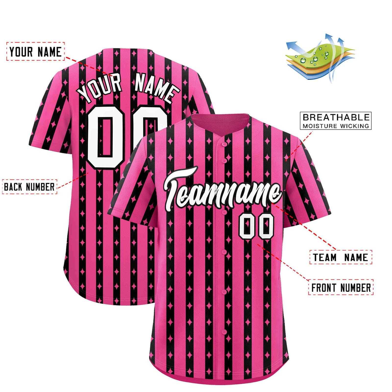 Custom Pink Black Star Pattern Thick Stripes Baseball Jersey