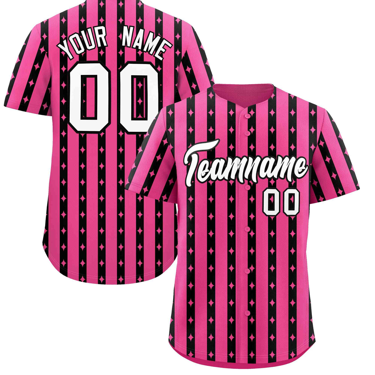 Custom Pink Black Star Pattern Thick Stripes Baseball Jersey