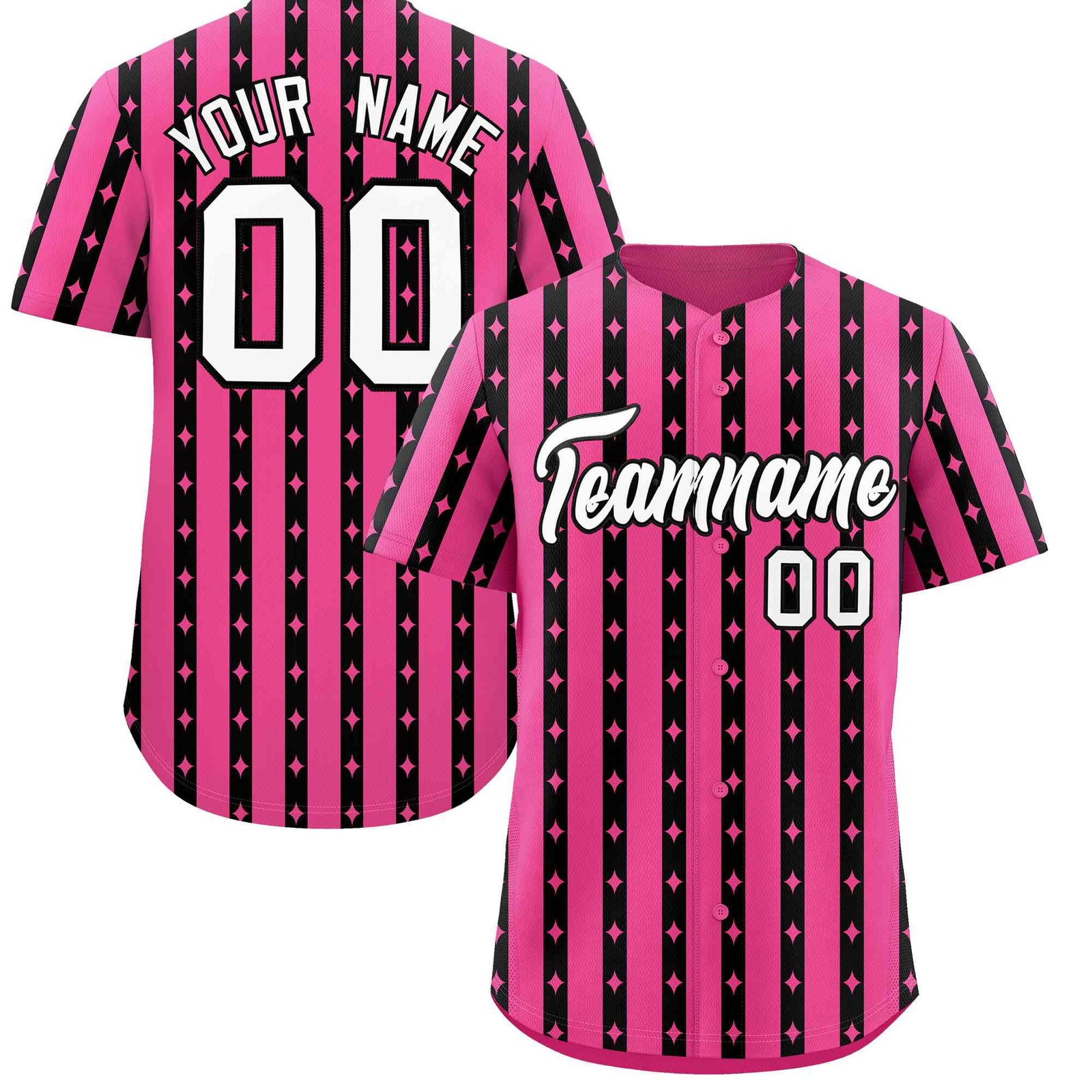 Custom Pink Black Star Pattern Thick Stripes Baseball Jersey