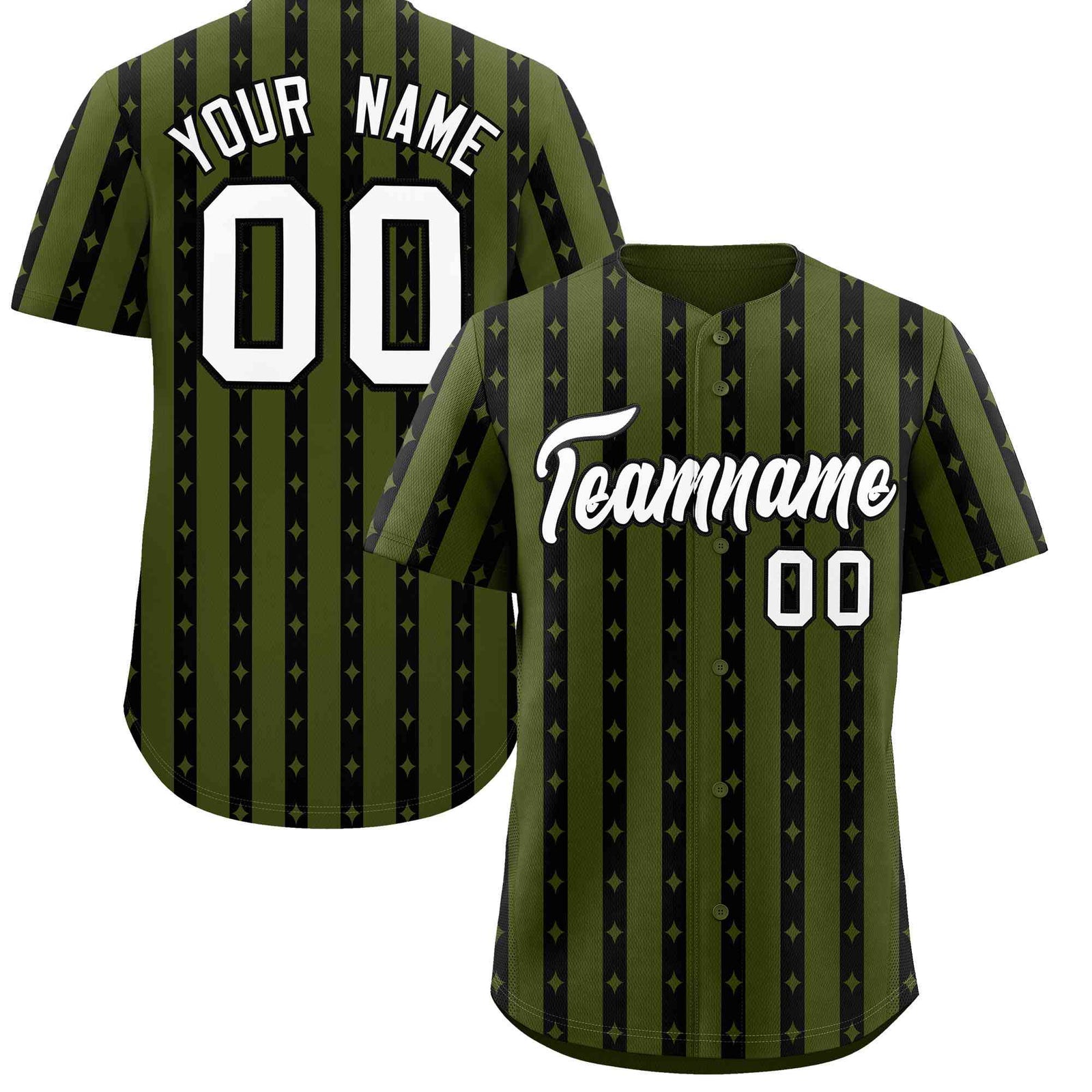 Custom Olive Black Star Pattern Thick Stripes Baseball Jersey