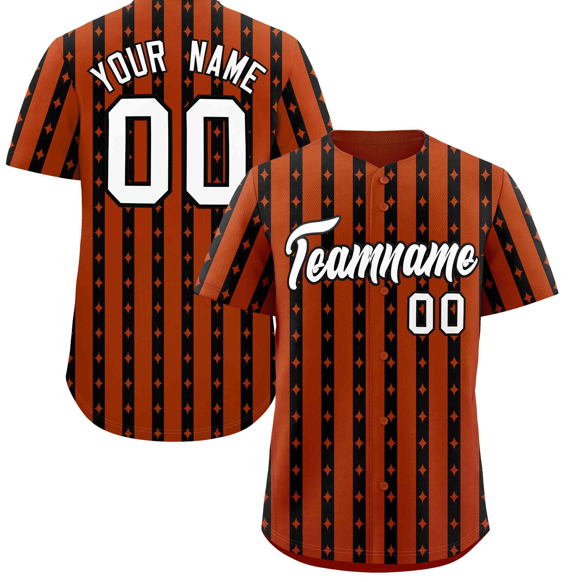 Custom Dark Orange Black Star Pattern Thick Stripes Baseball Jersey