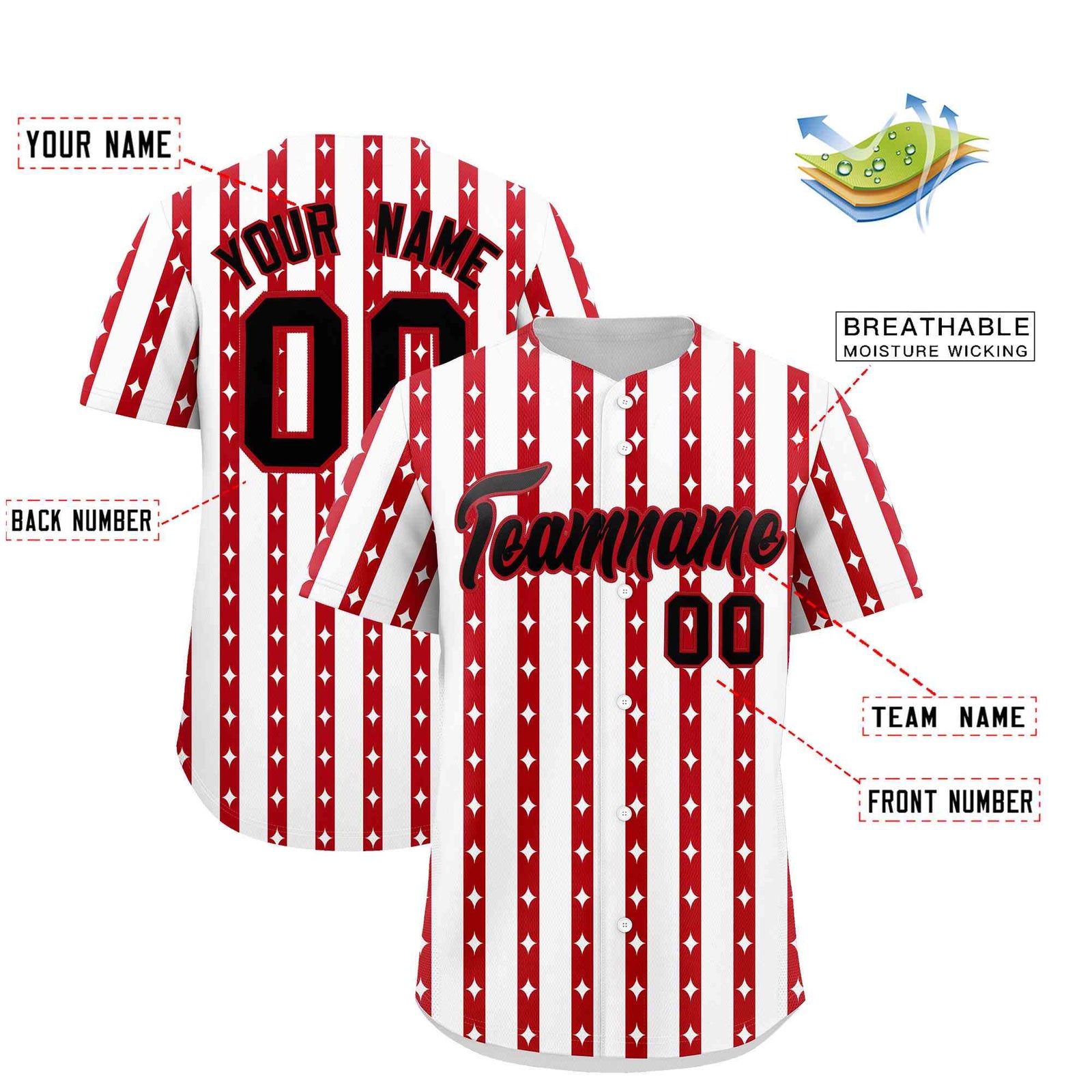 Custom White Red Star Pattern Thick Stripes Baseball Jersey
