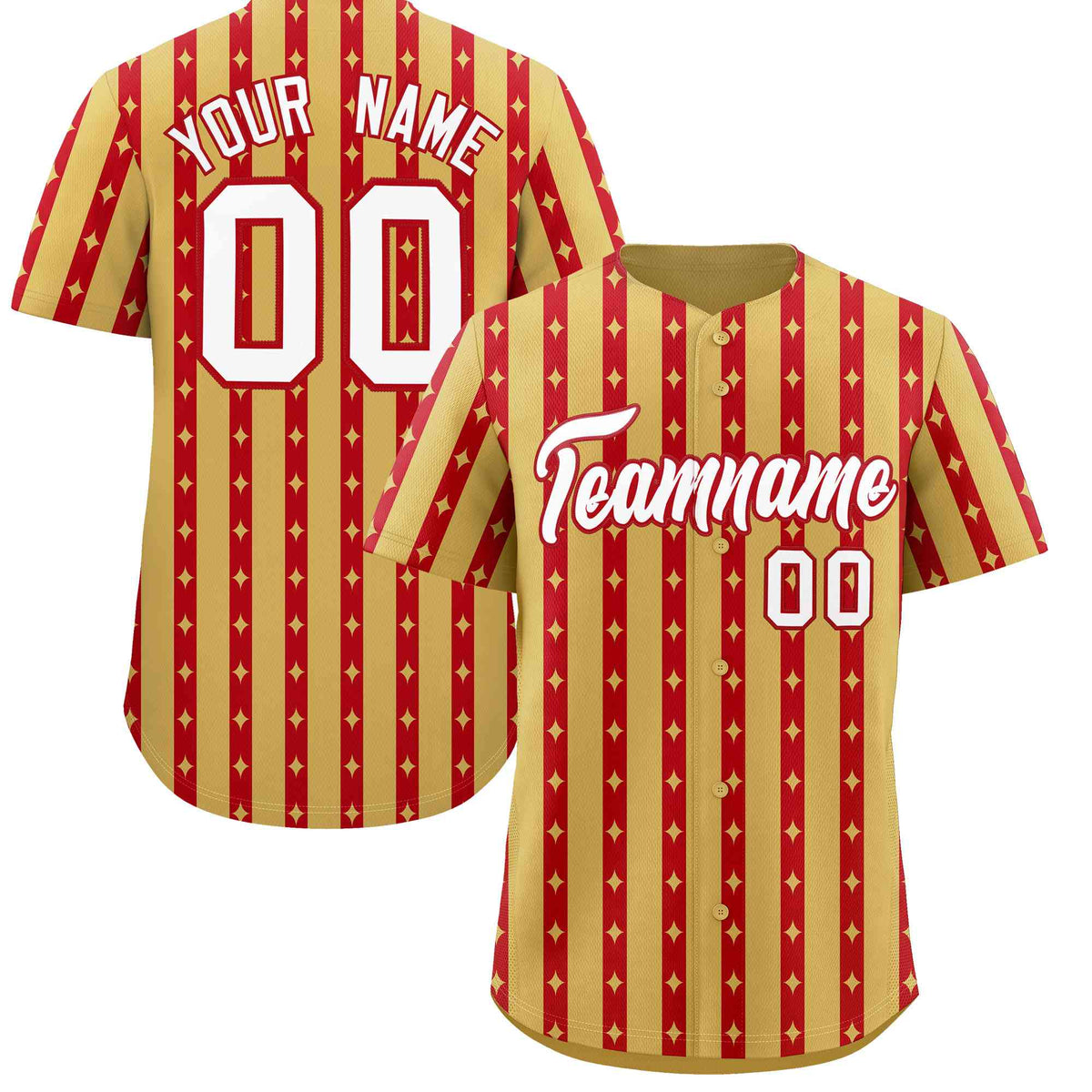 Custom Old Gold Red Star Pattern Thick Stripes Baseball Jersey