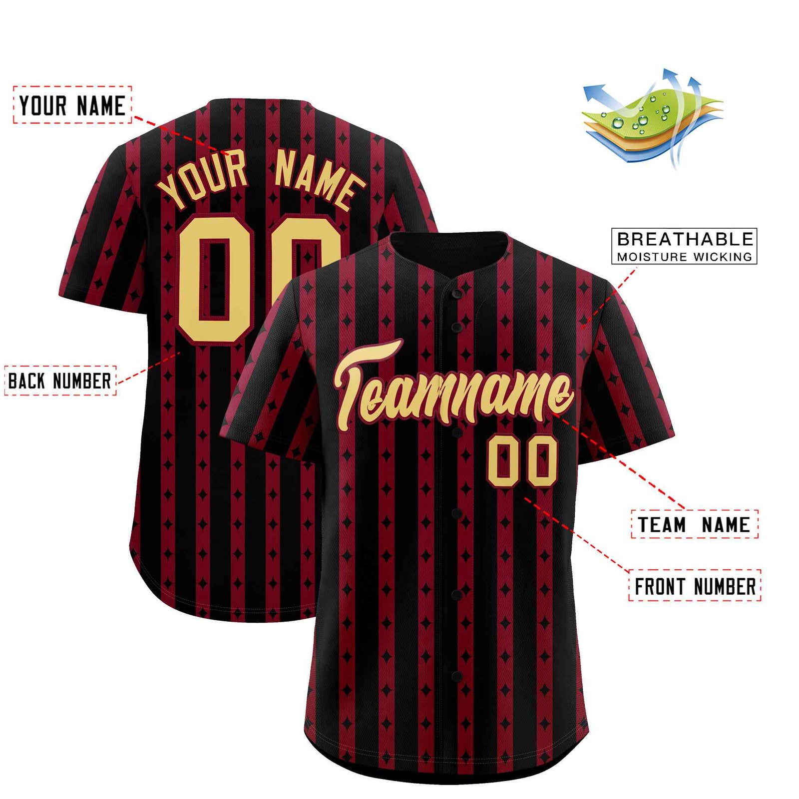 Custom Black Crimson Star Pattern Thick Stripes Baseball Jersey