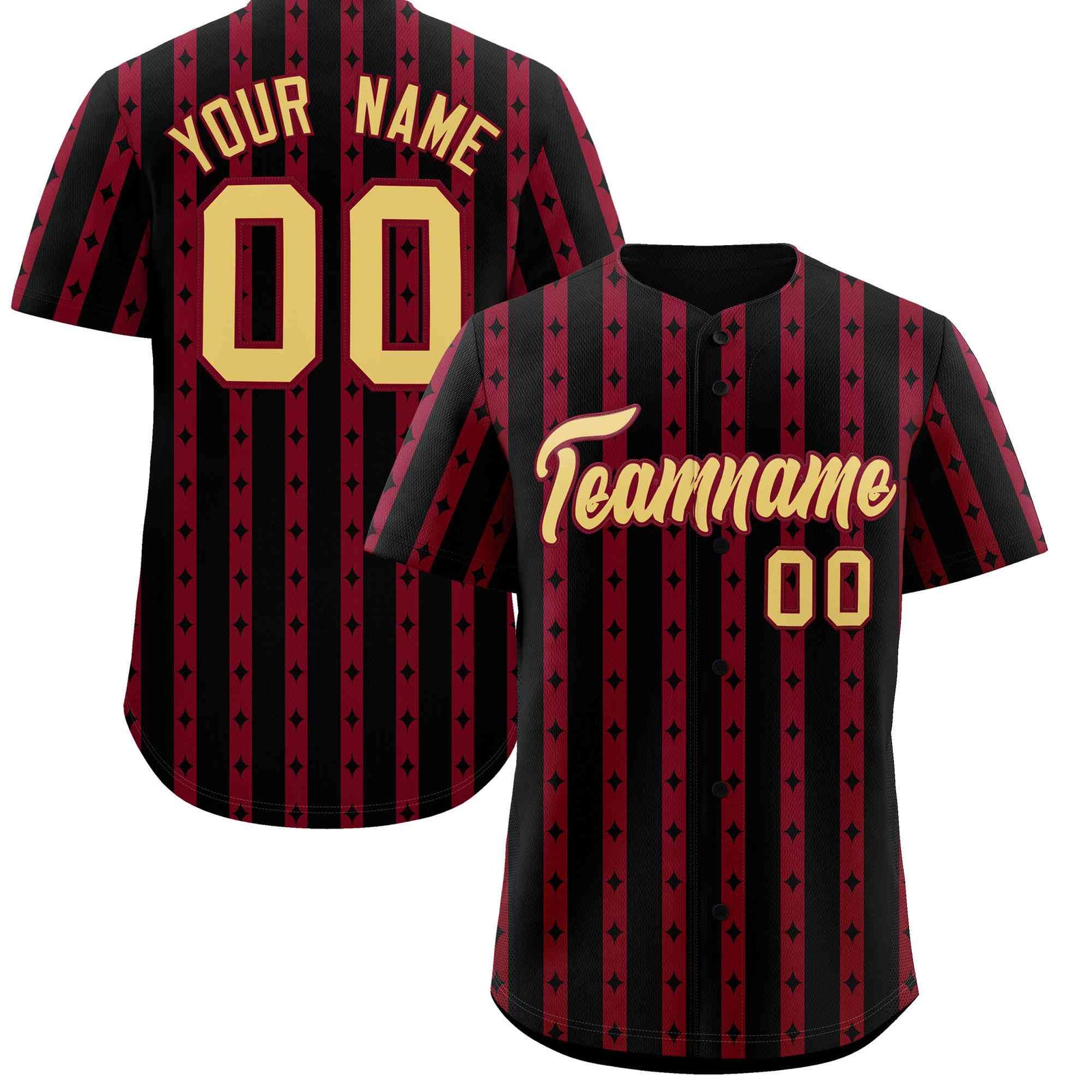Custom Black Crimson Star Pattern Thick Stripes Baseball Jersey