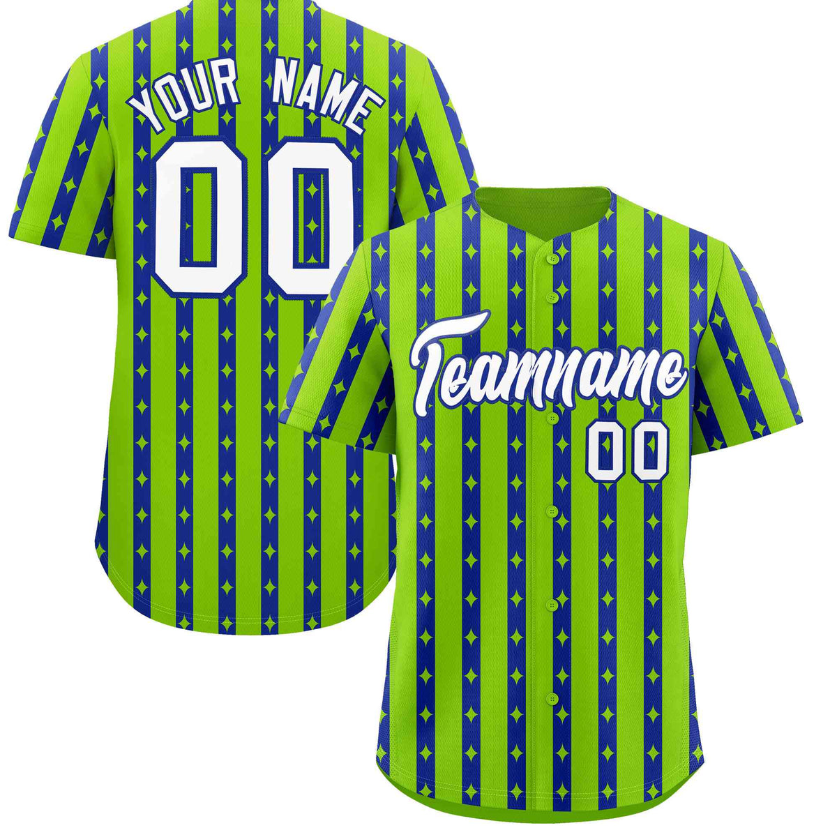 Custom Neon Green Royal Blue Star Pattern Thick Stripes Baseball Jersey