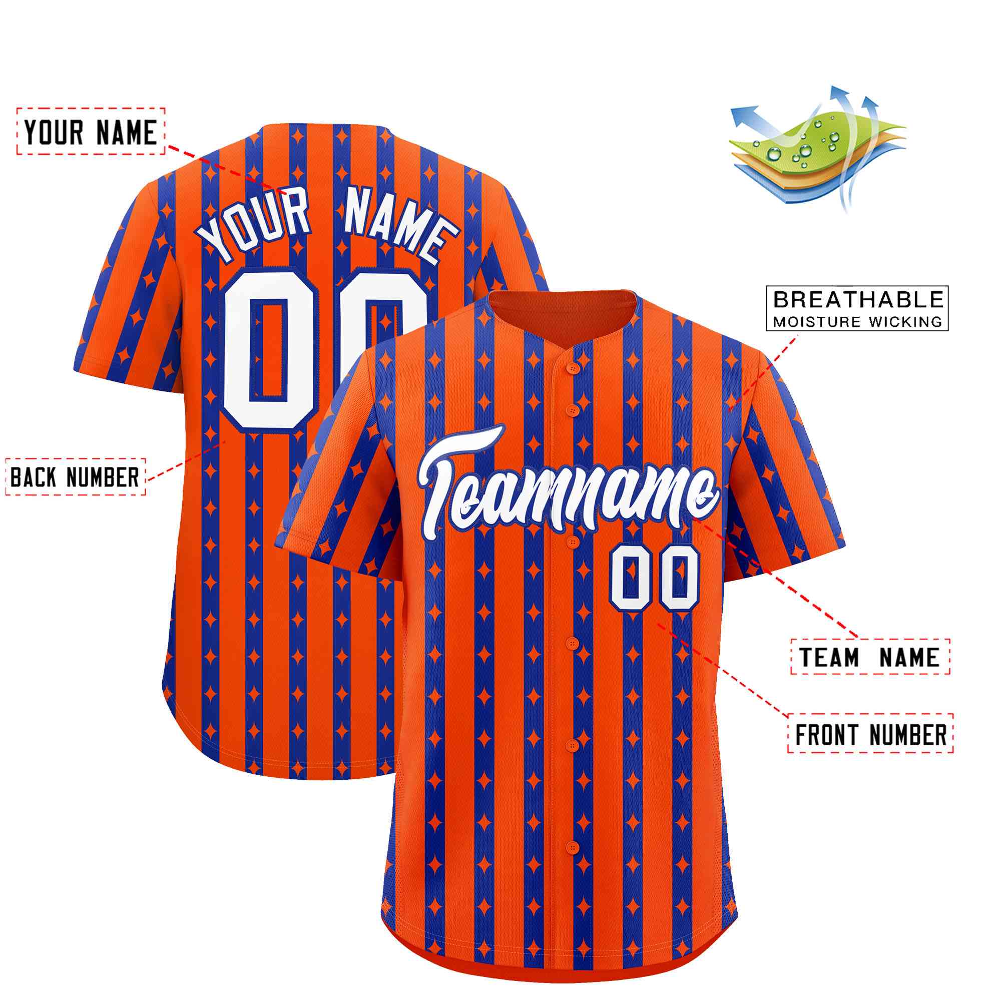 Custom Orange Royal Blue Star Pattern Thick Stripes Baseball Jersey