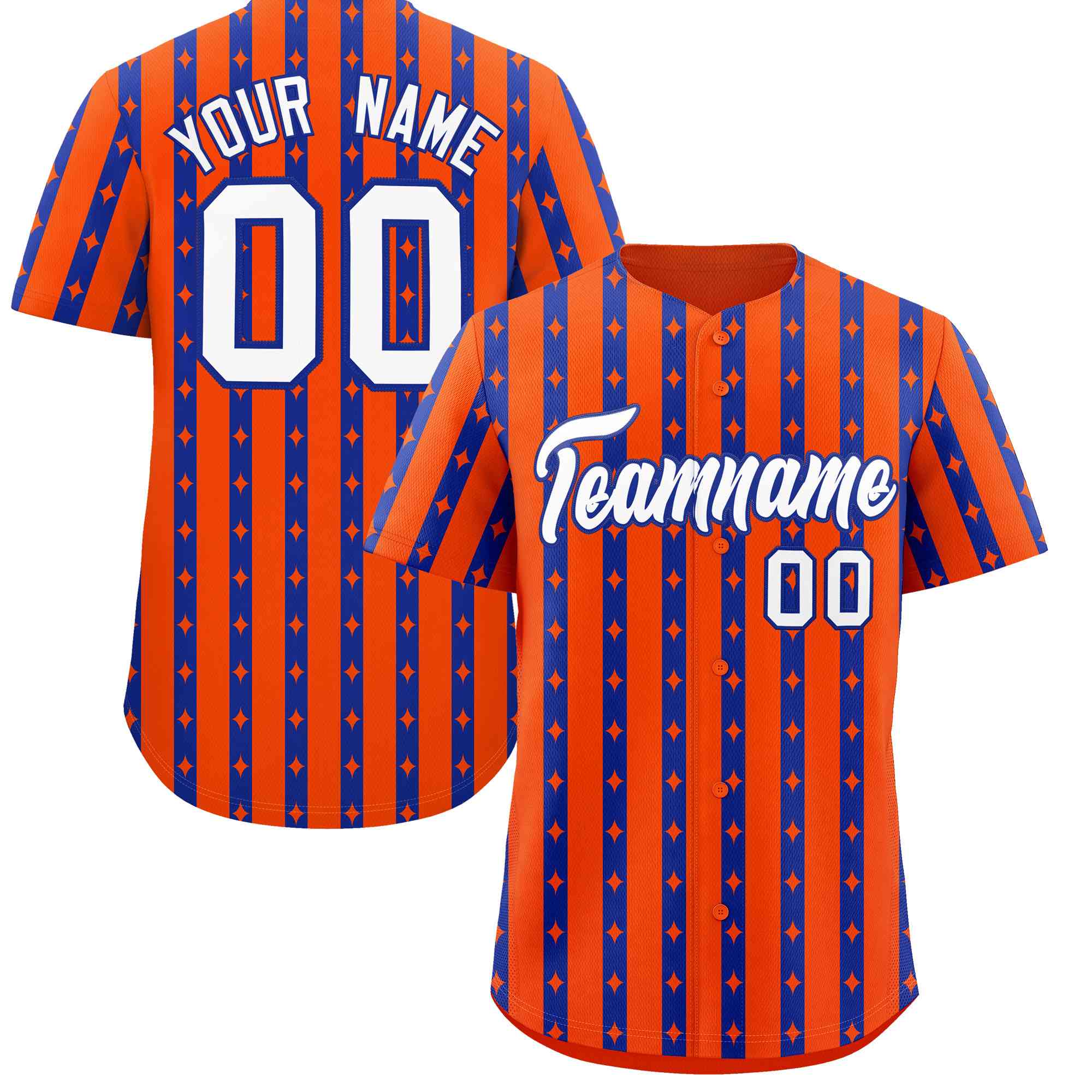 Custom Orange Royal Blue Star Pattern Thick Stripes Baseball Jersey