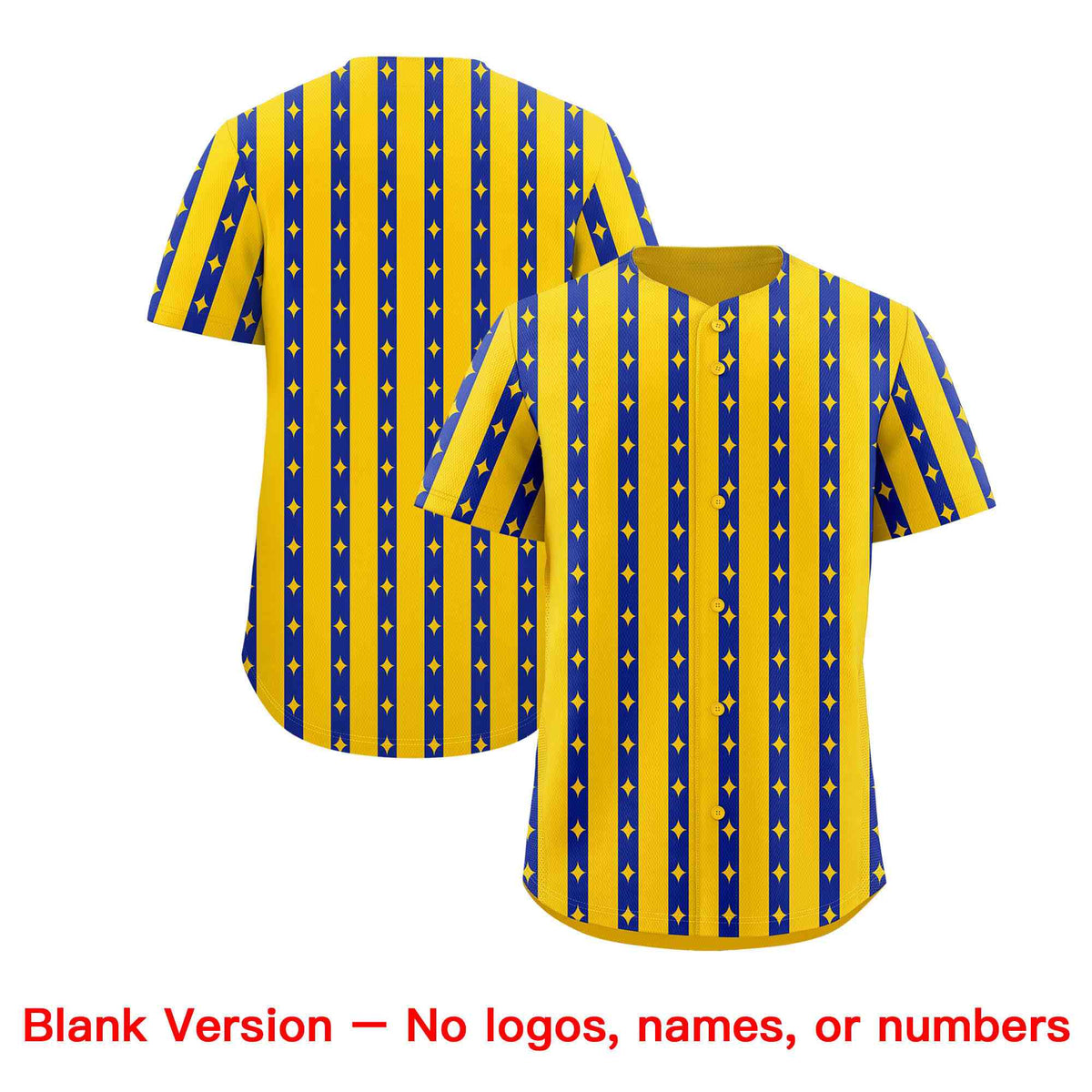 Custom Gold Royal Blue Star Pattern Thick Stripes Baseball Jersey