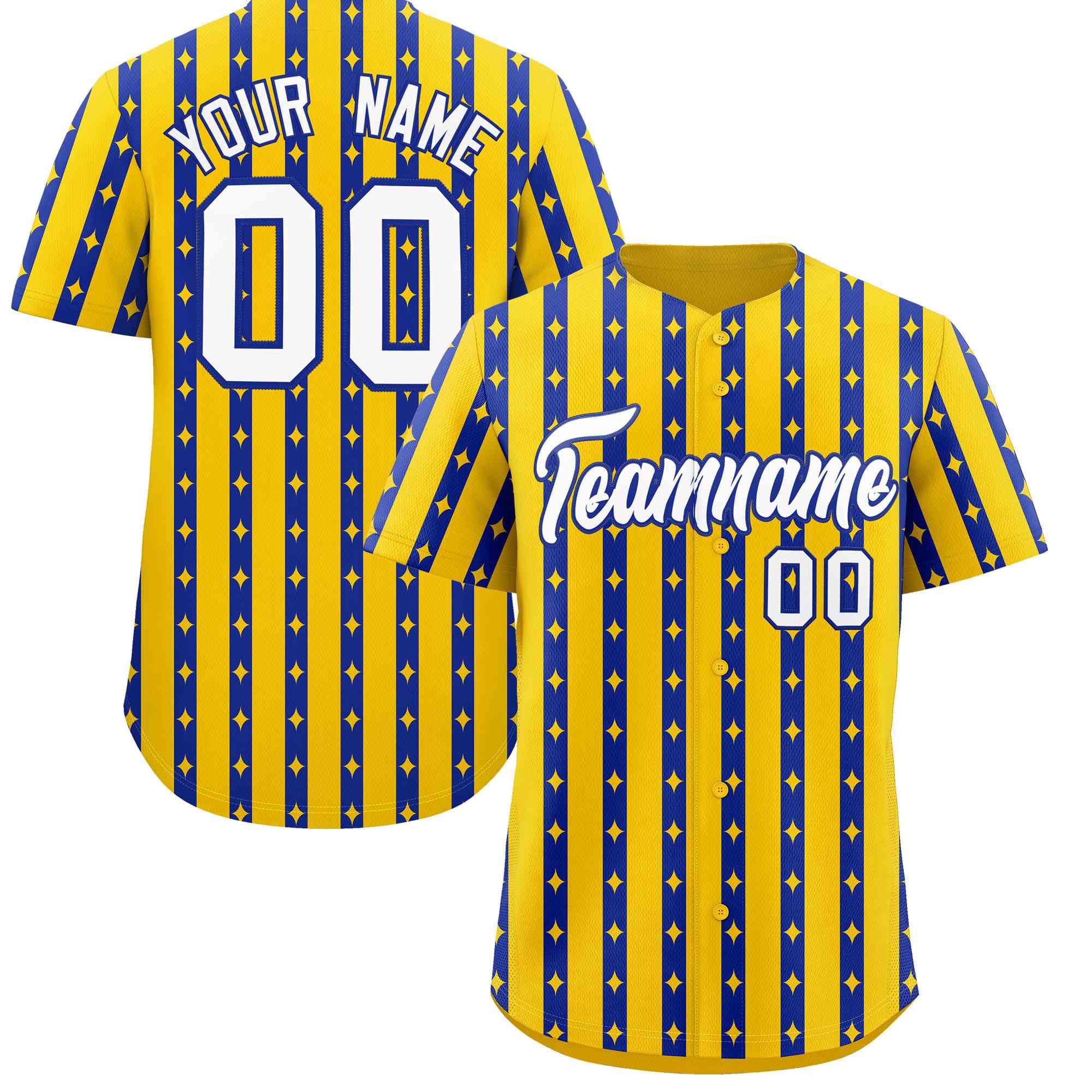 Custom Gold Royal Blue Star Pattern Thick Stripes Baseball Jersey