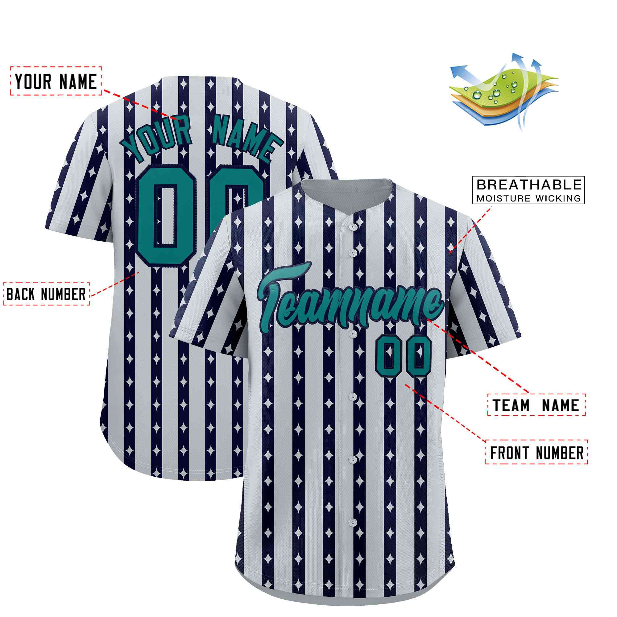 Custom Silver Navy Star Pattern Thick Stripes Baseball Jersey