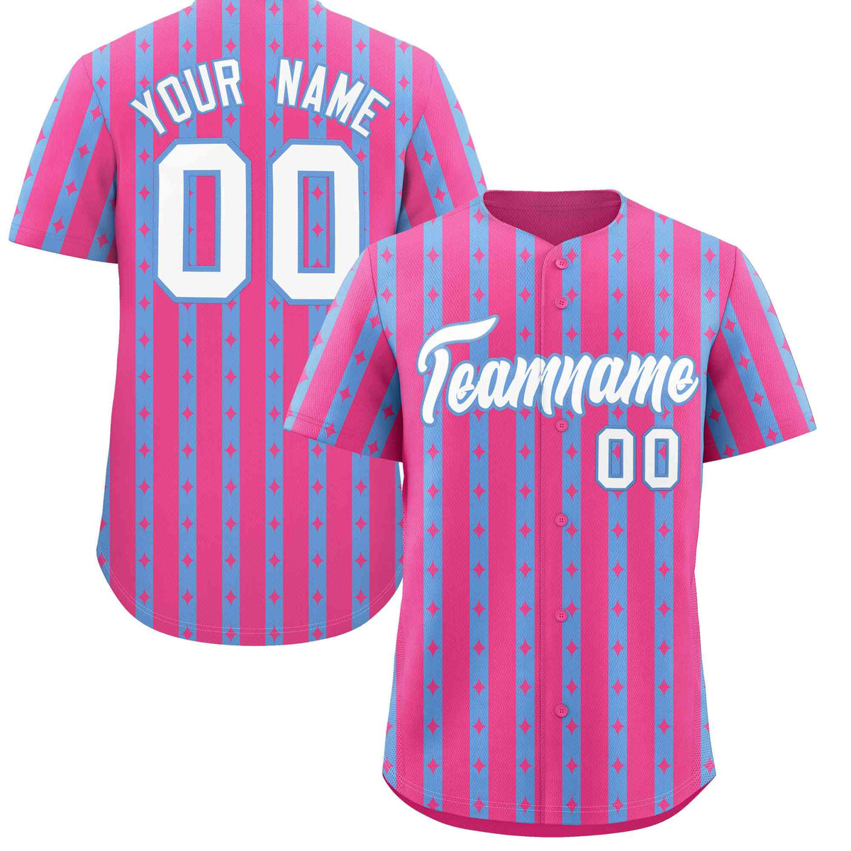 Custom Pink Light Blue Star Pattern Thick Stripes Baseball Jersey