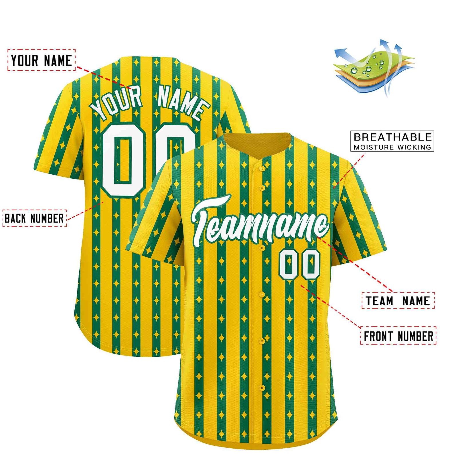 Custom Gold Kelly Green Star Pattern Thick Stripes Baseball Jersey
