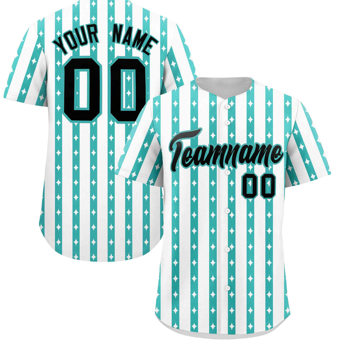 Custom White Teal Star Pattern Thick Stripes Baseball Jersey