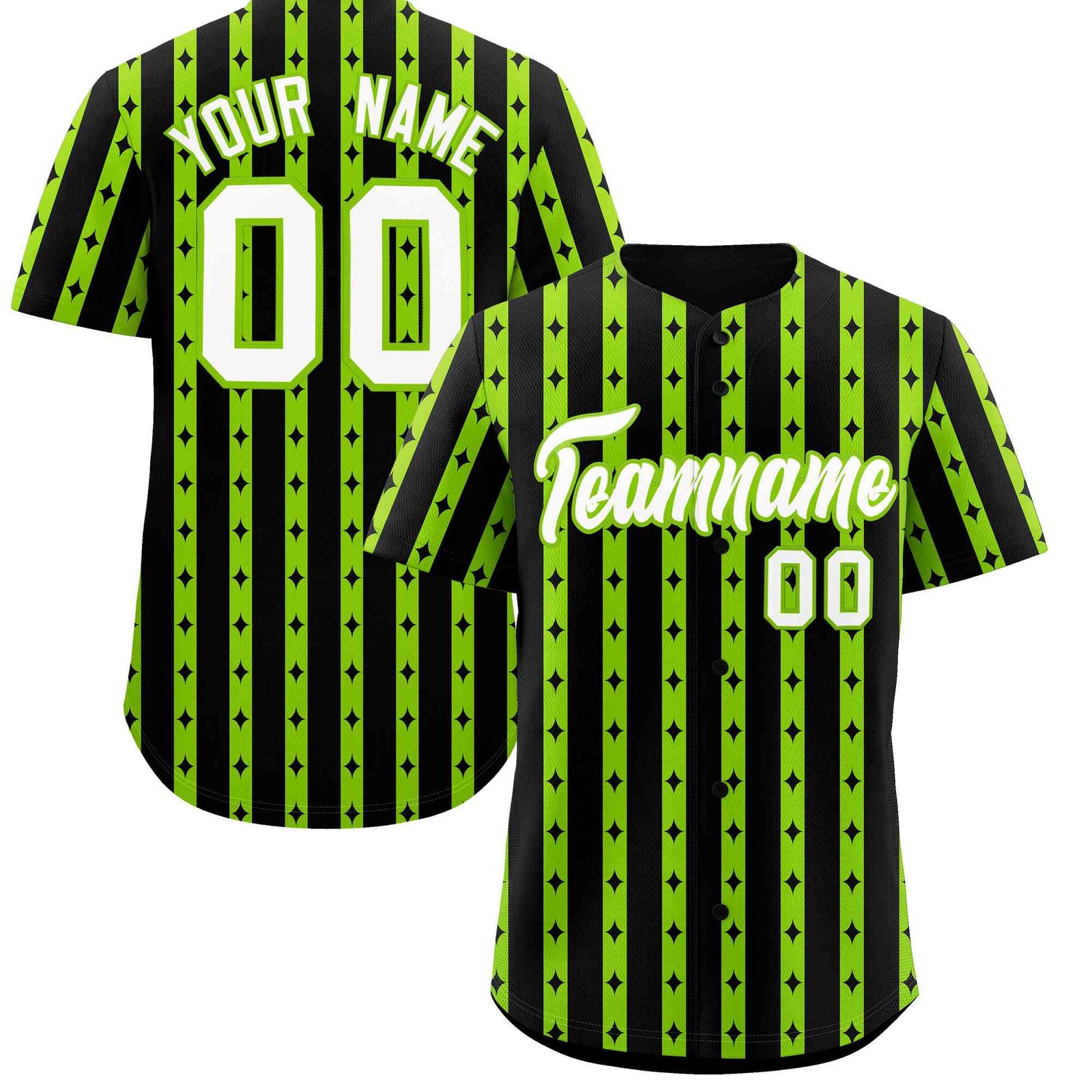 Custom Black Neon Green Star Pattern Thick Stripes Baseball Jersey