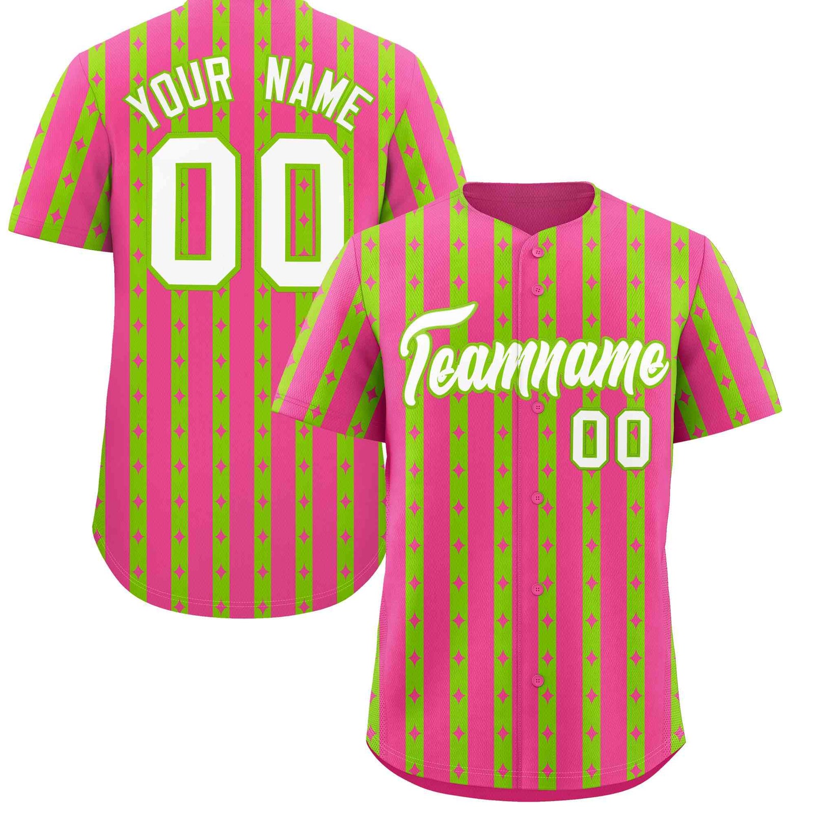 Custom Pink Neon Green Star Pattern Thick Stripes Baseball Jersey