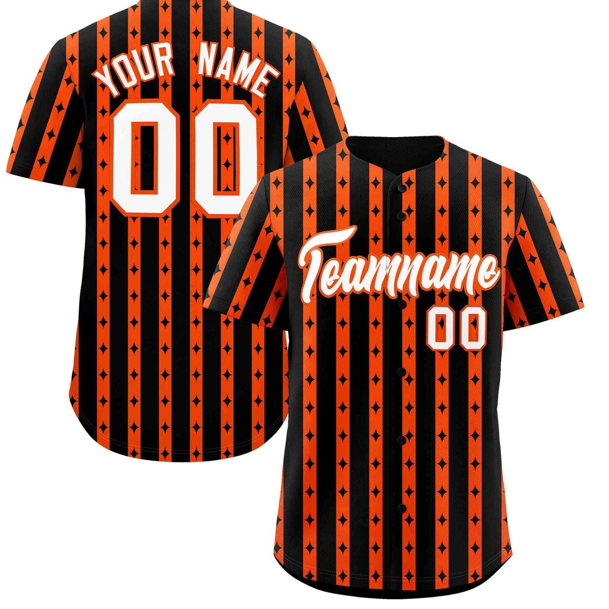 Custom Black Orange Star Pattern Thick Stripes Baseball Jersey