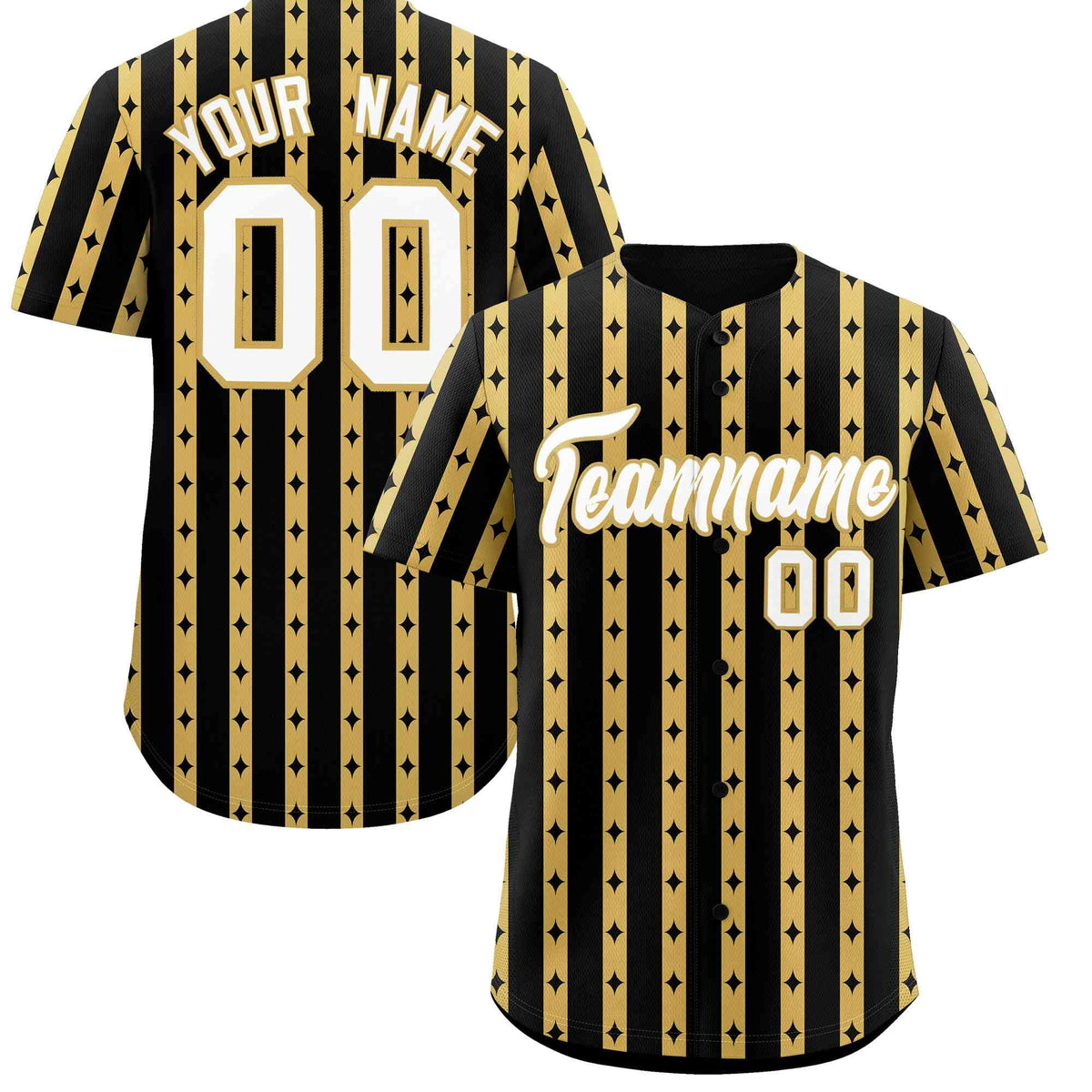 Custom Black Old Gold Star Pattern Thick Stripes Baseball Jersey