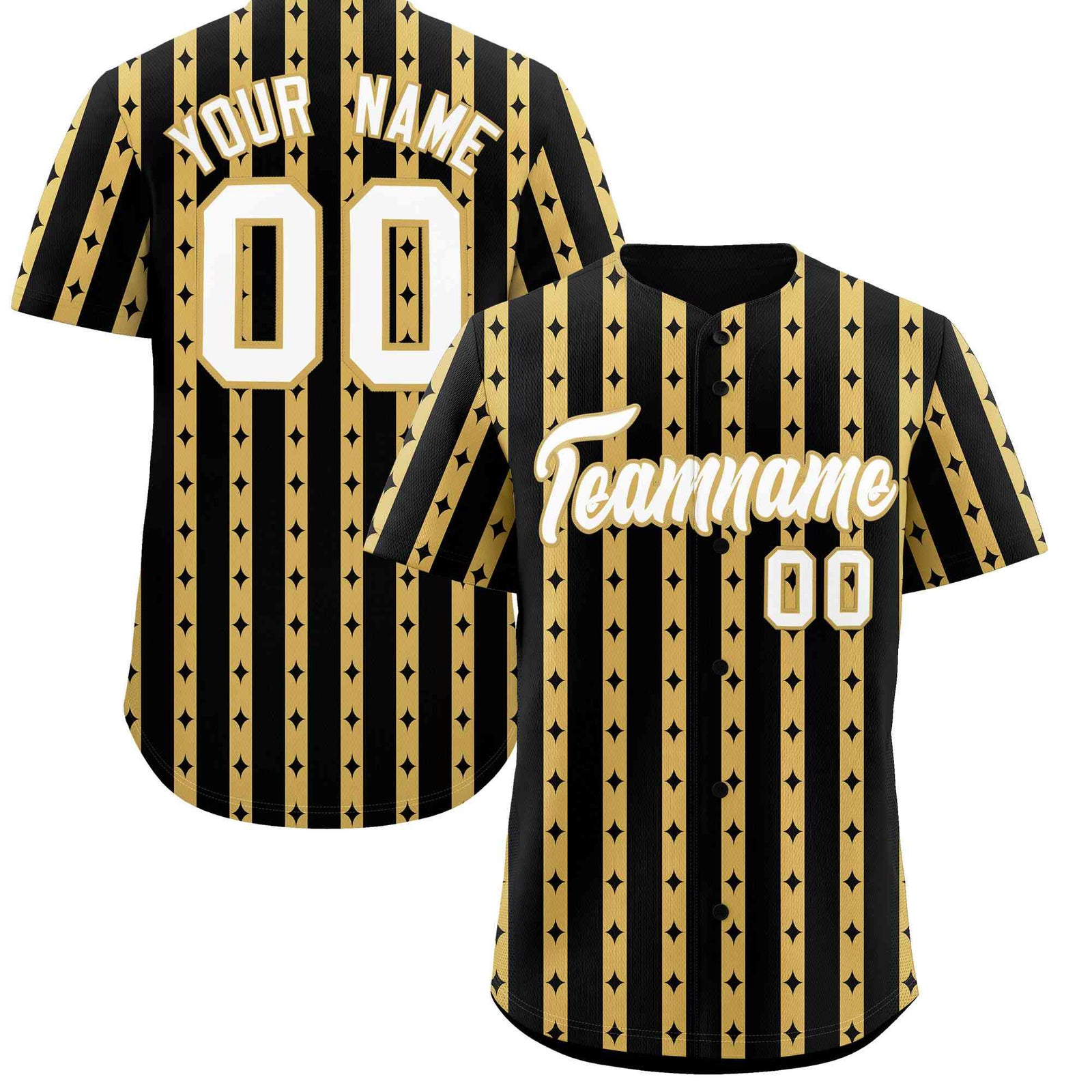 Custom Black Old Gold Star Pattern Thick Stripes Baseball Jersey