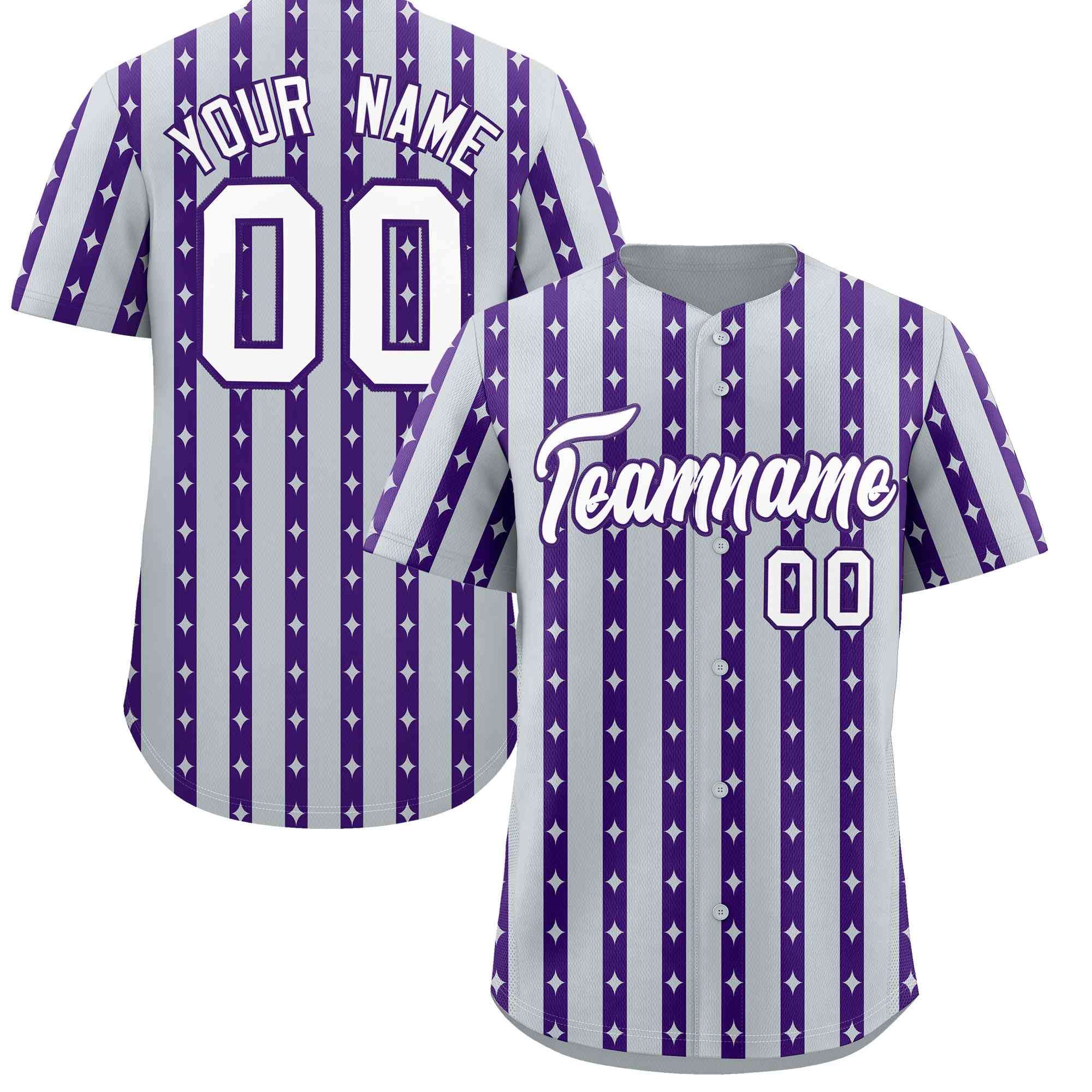 Custom Silver Purple Star Pattern Thick Stripes Baseball Jersey