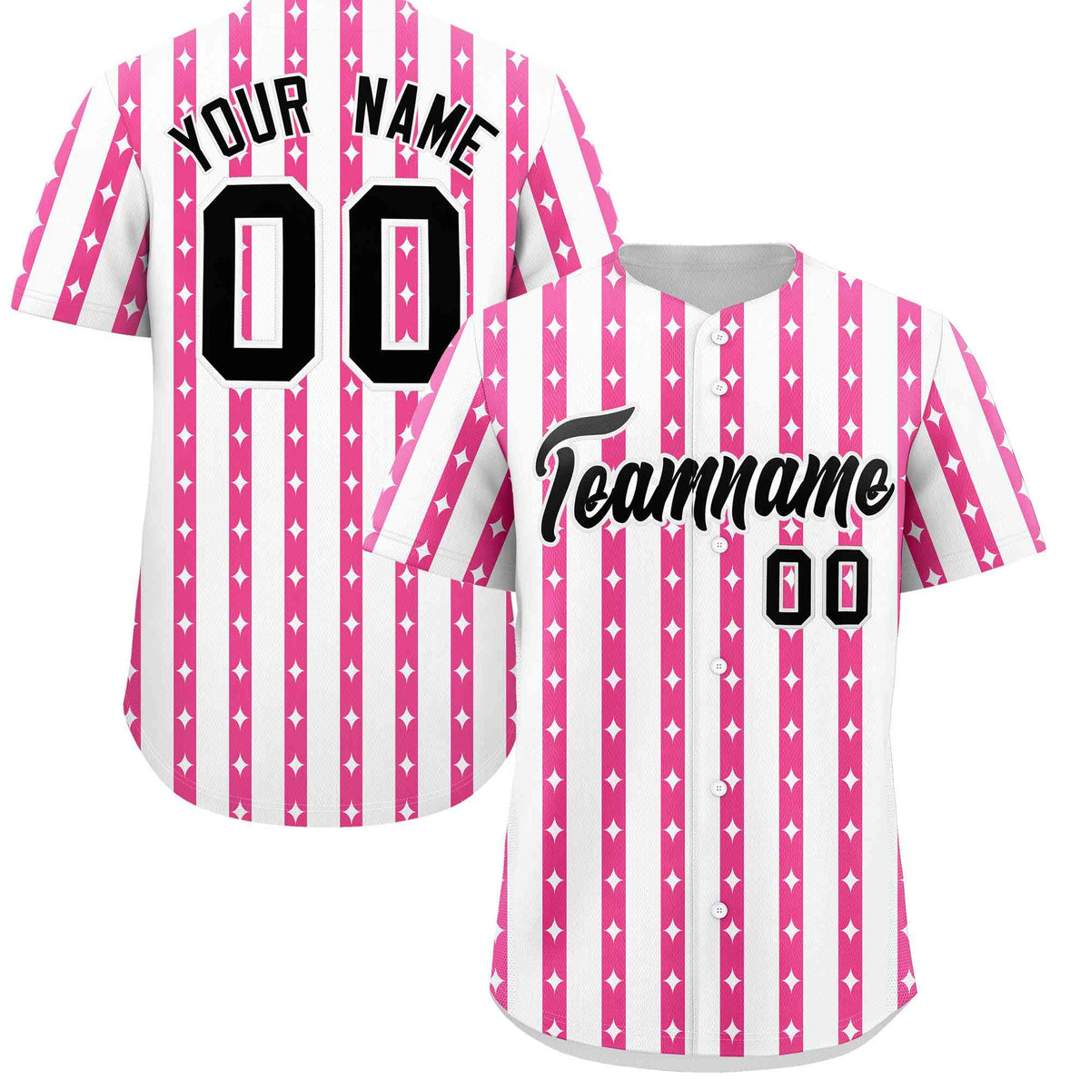 Custom White Pink Star Pattern Thick Stripes Baseball Jersey