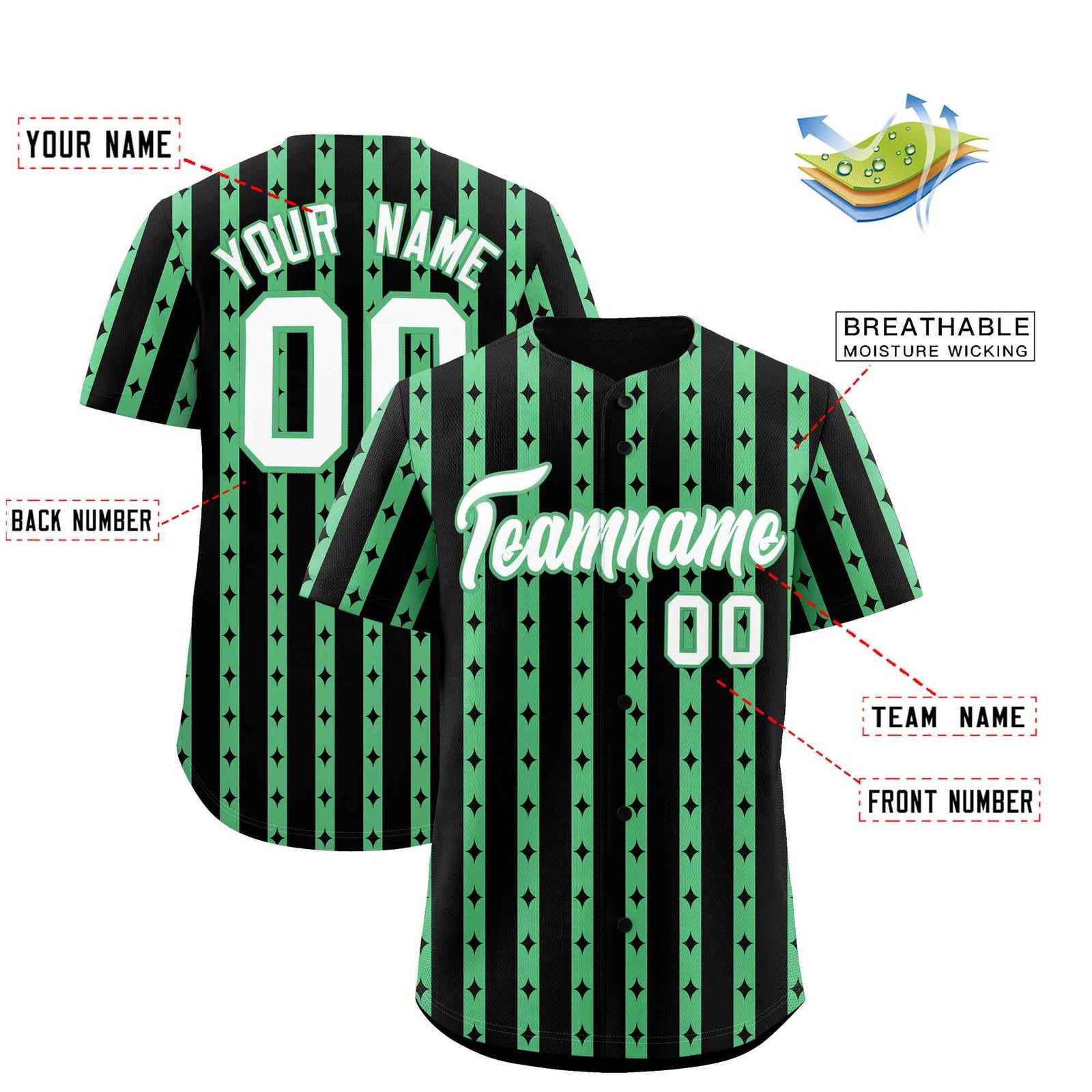 Custom Black Neon Green Star Pattern Thick Stripes Baseball Jersey