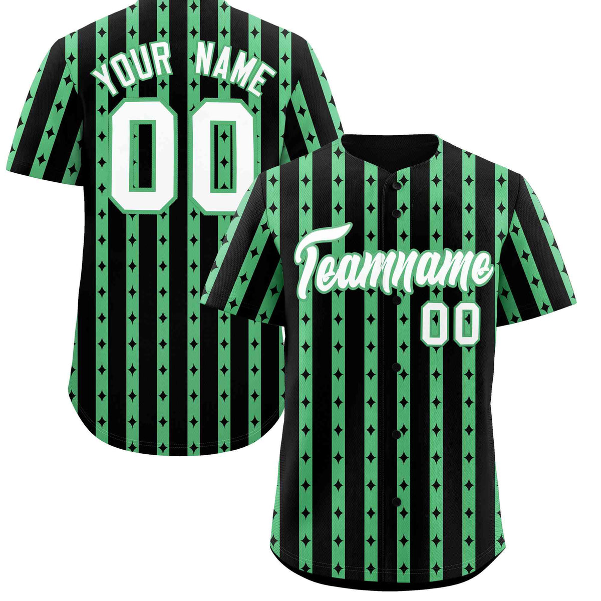 Custom Black Neon Green Star Pattern Thick Stripes Baseball Jersey