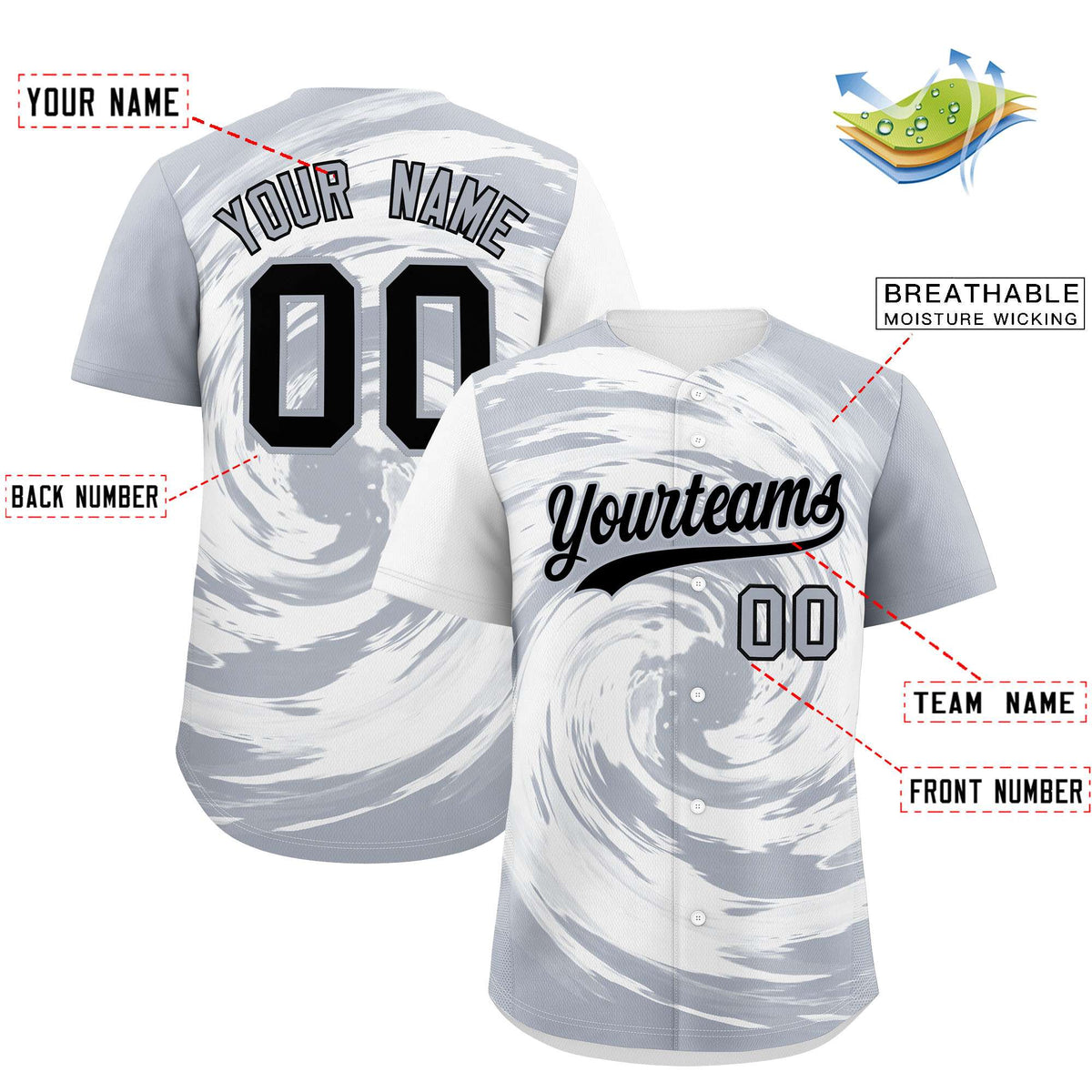 Custom White Silver Swirl Graffiti Pattern Authentic Baseball Jersey