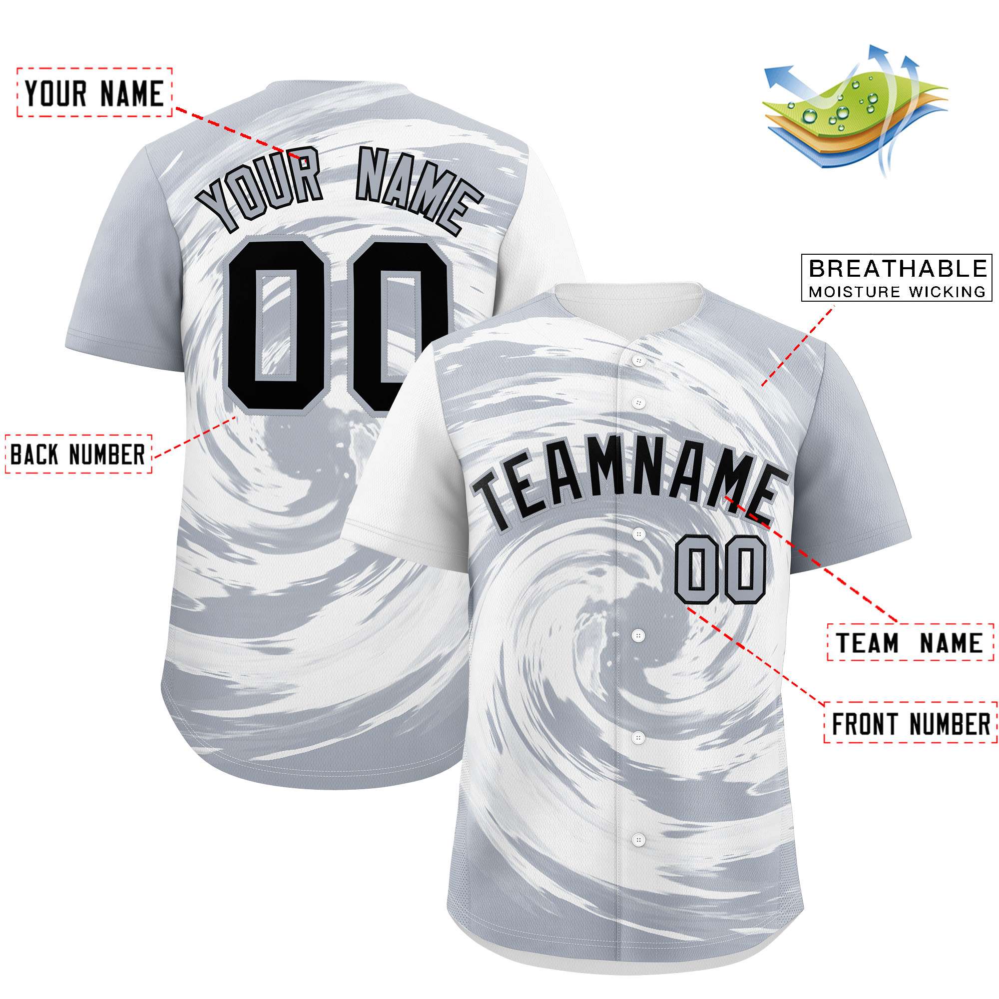 Custom White Silver Swirl Graffiti Pattern Authentic Baseball Jersey