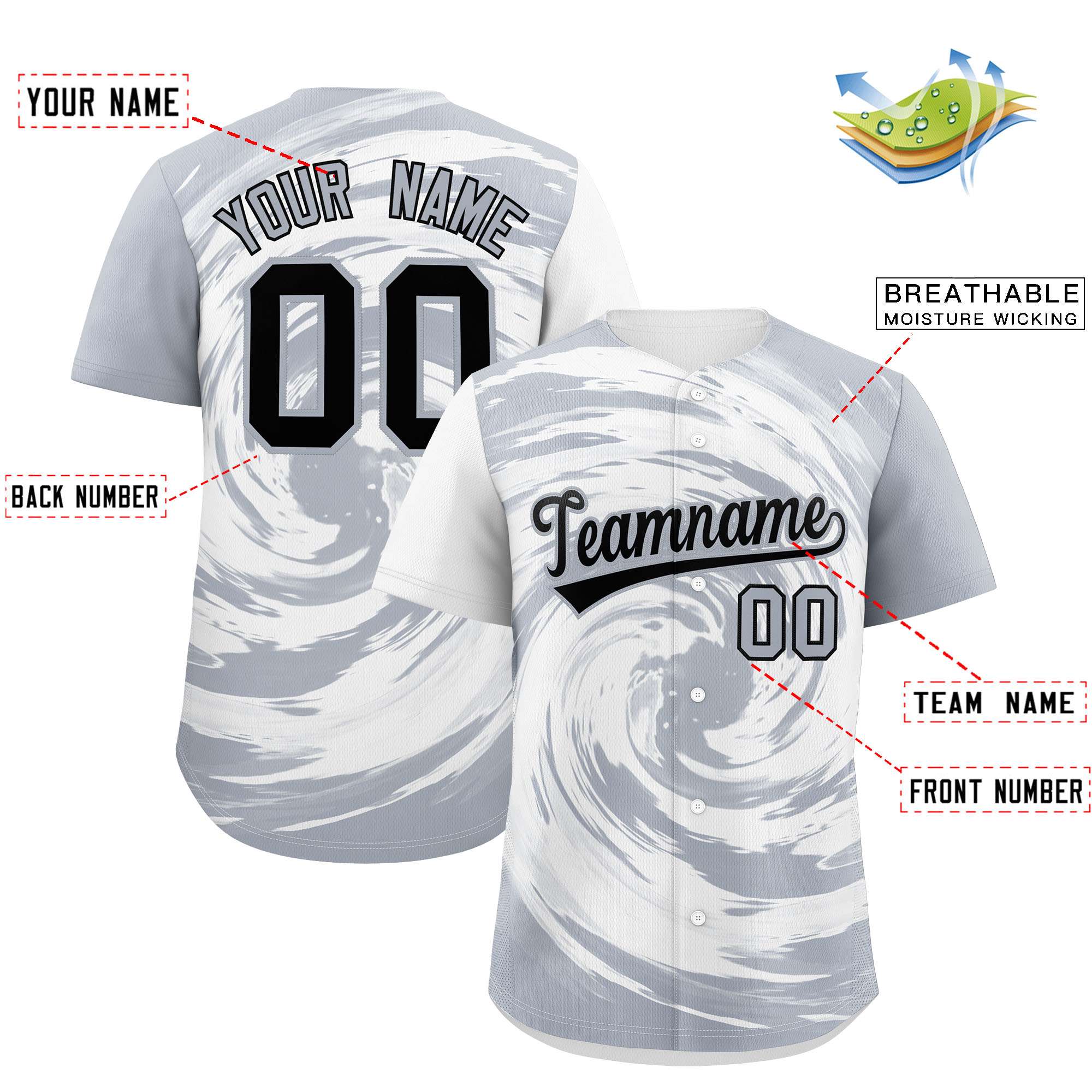 Custom White Silver Swirl Graffiti Pattern Authentic Baseball Jersey